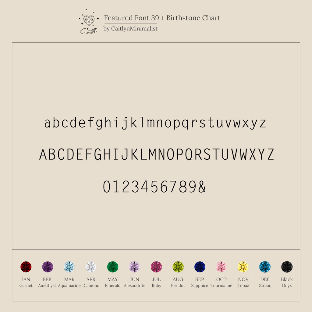 The Mini Name Birthstone Bracelet features a minimalist serif font with alphabet, numbers, ampersand, and monthly birthstones on beige—perfect for personalized jewelry or a custom gift.