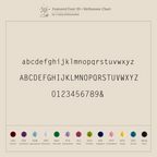 The Mini Name Birthstone Bracelet features a minimalist serif font with alphabet, numbers, ampersand, and monthly birthstones on beige—perfect for personalized jewelry or a custom gift.