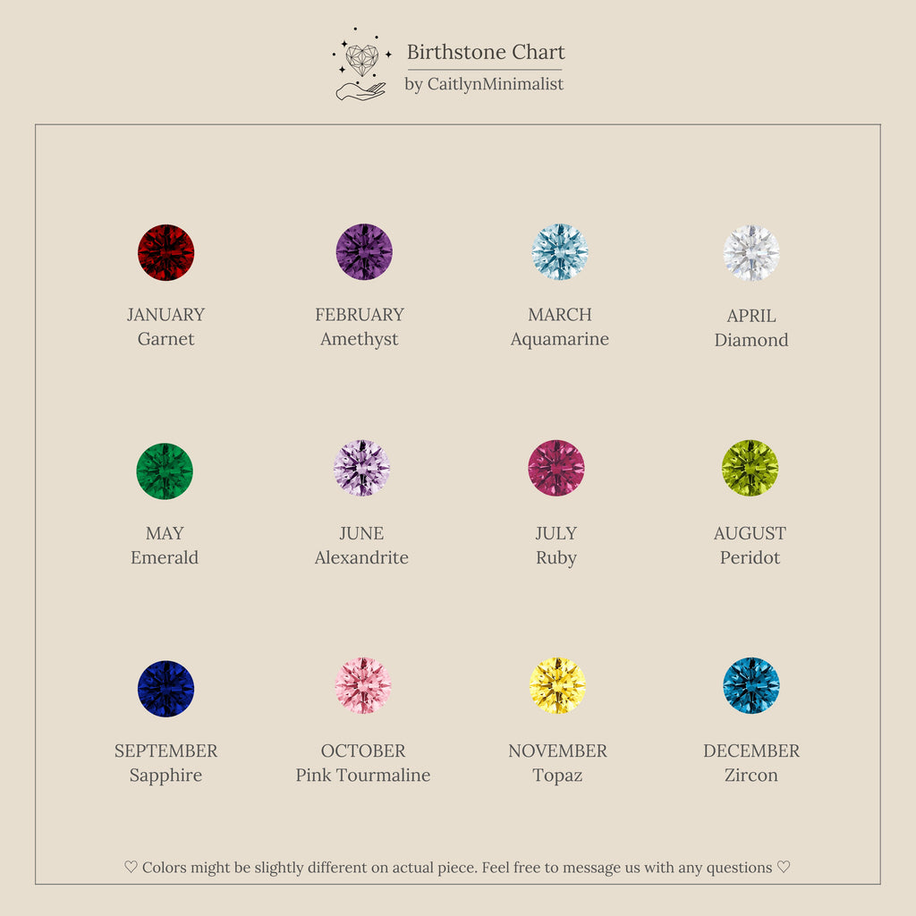 A 12-month birthstone chart shows each gemstone’s name and color on beige—perfect for planning your next Tiny Duo Blue Zircon Flatback Studs or adding sparkle to your ear stack.