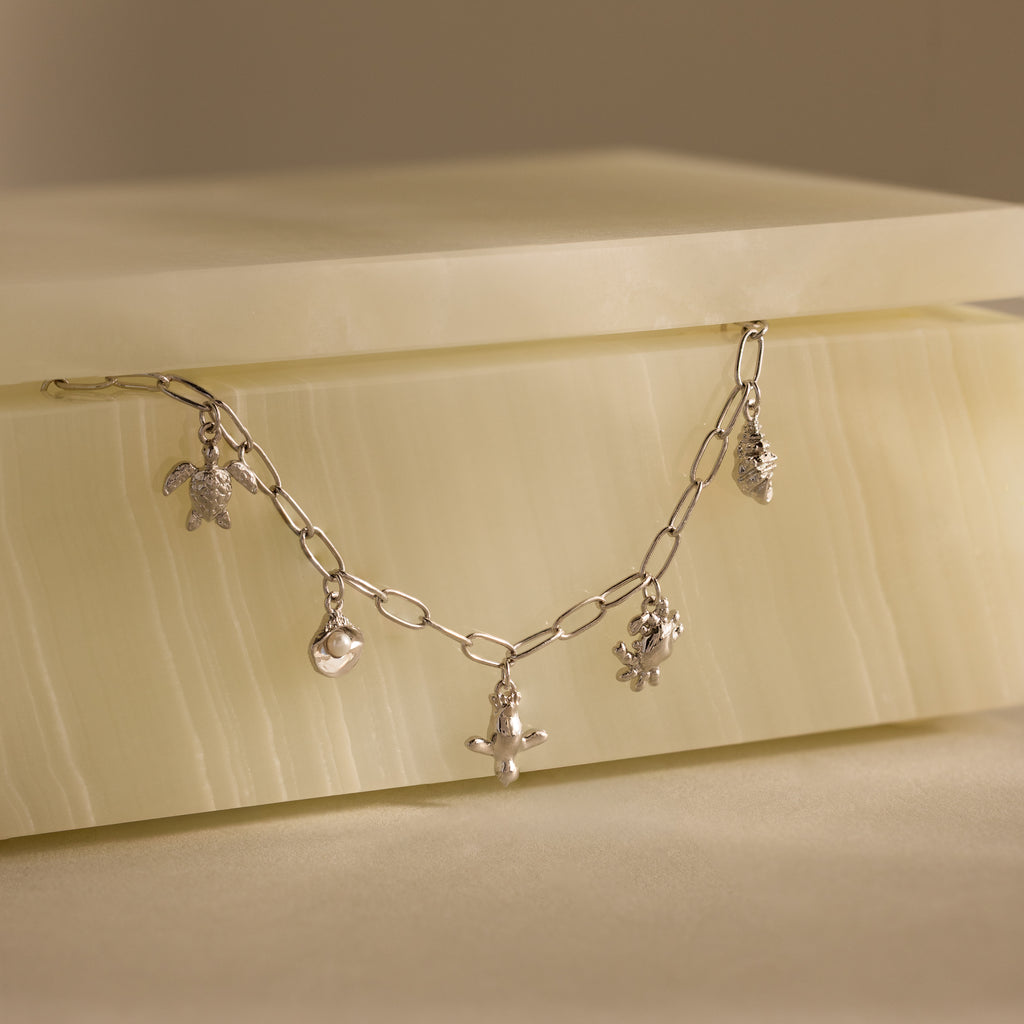 Seaside Charm Bracelet in Silver features five animal and nature charms, including ocean-inspired designs, elegantly presented on a glossy stone box.