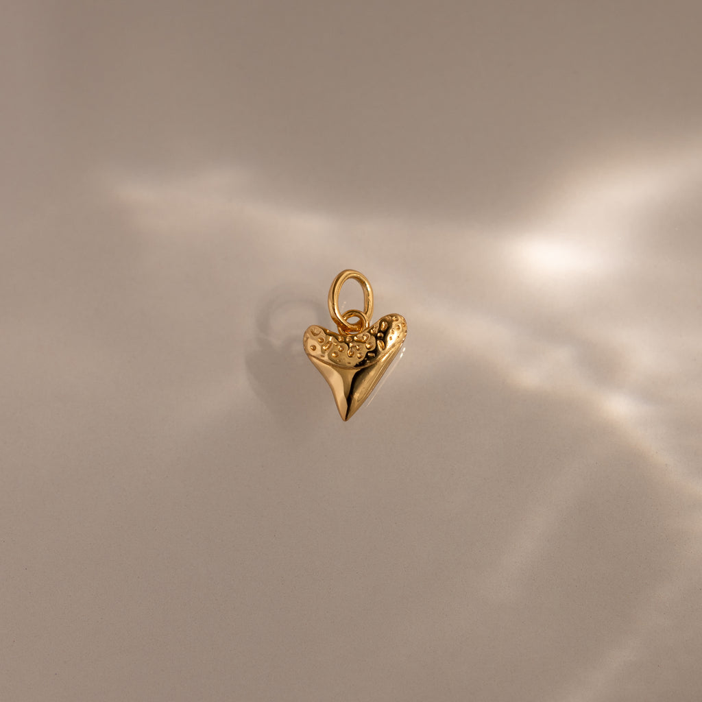 The Dainty Shark Tooth Charm in 18K Gold pairs with a textured gold heart pendant, capturing coastal elegance on a softly lit, smooth surface.