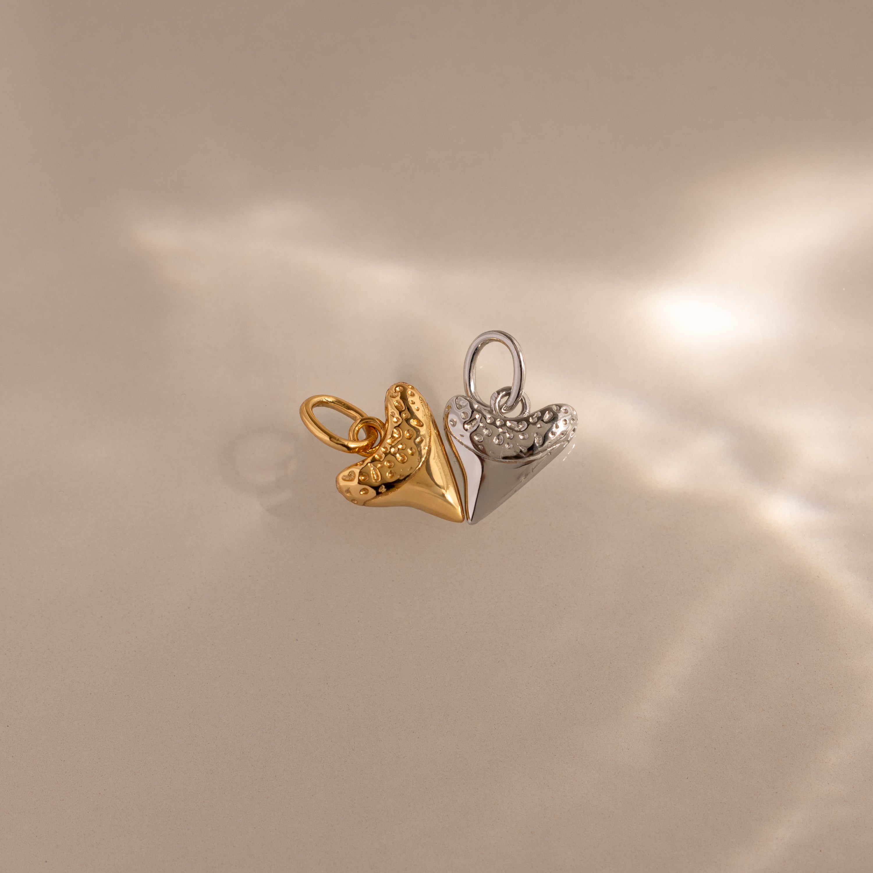The Dainty Shark Tooth Charm in Silver captures coastal jewelry vibes, featuring textured details and displayed on a neutral background with soft, elegant light reflections.
