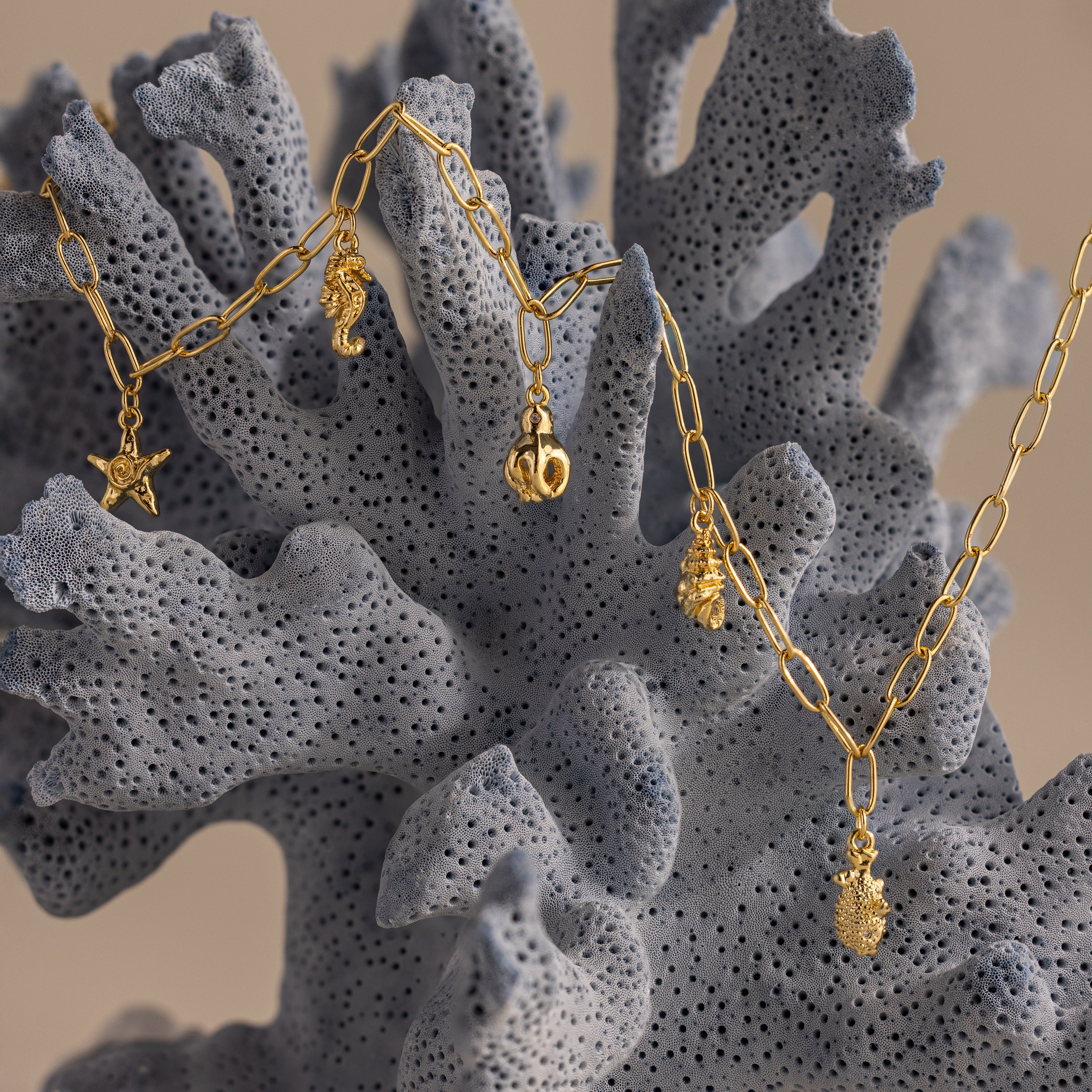 Ocean Charm Necklace: Gold-plated with sea-themed pendants like seahorses and shells, this necklace captures beachy style—perfect seaside jewelry inspired by textured blue coral.