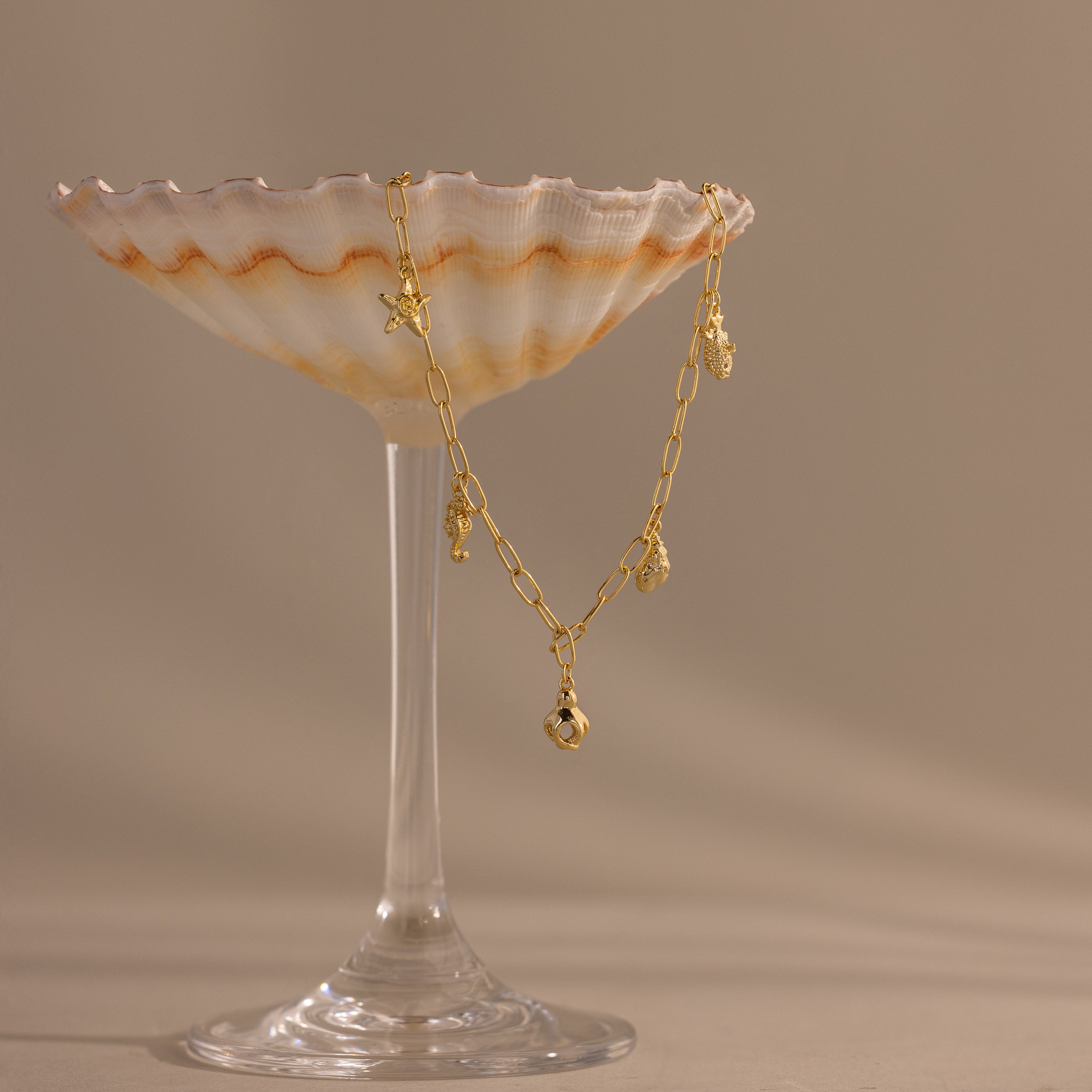 A gold charm bracelet draped over a seashell-shaped glass dish on a beige background, perfect for pairing with your favorite summer jewelry or the Ocean Charm Necklace in 18K Gold.