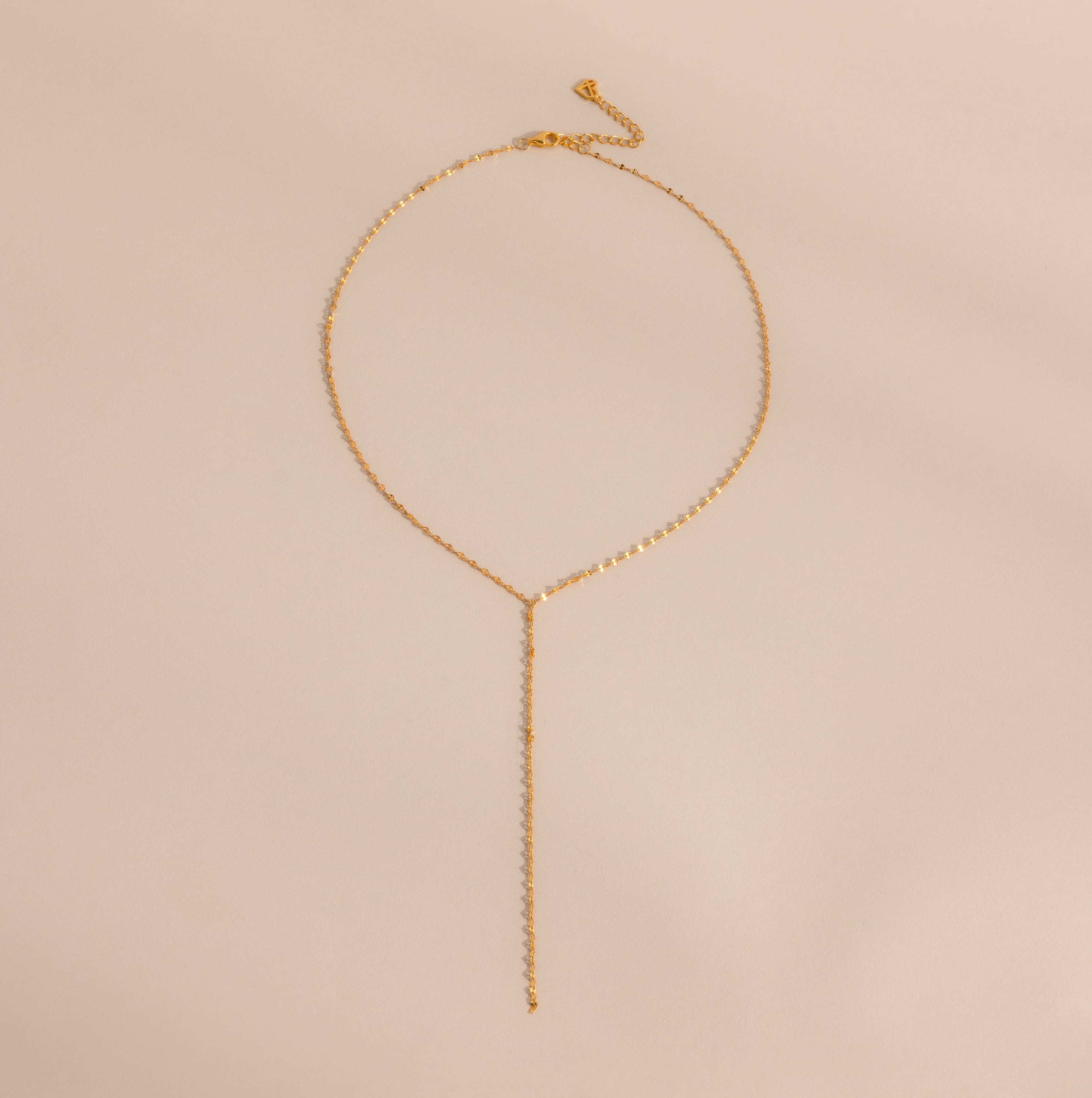 The Mirror Chain Lariat Necklace features a delicate gold chain with a drop pendant and reflective finish, displayed on a light beige background.