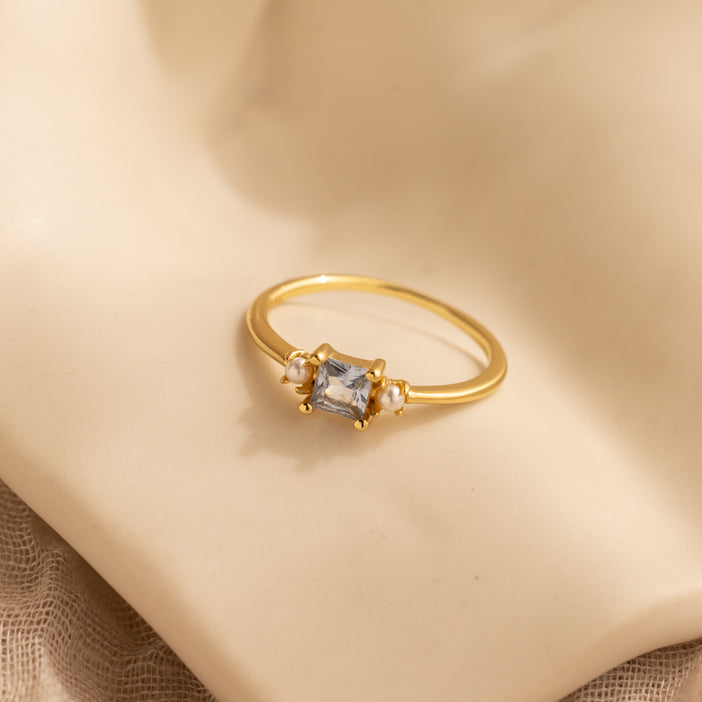 Princess Cut Aquamarine Pearl Ring