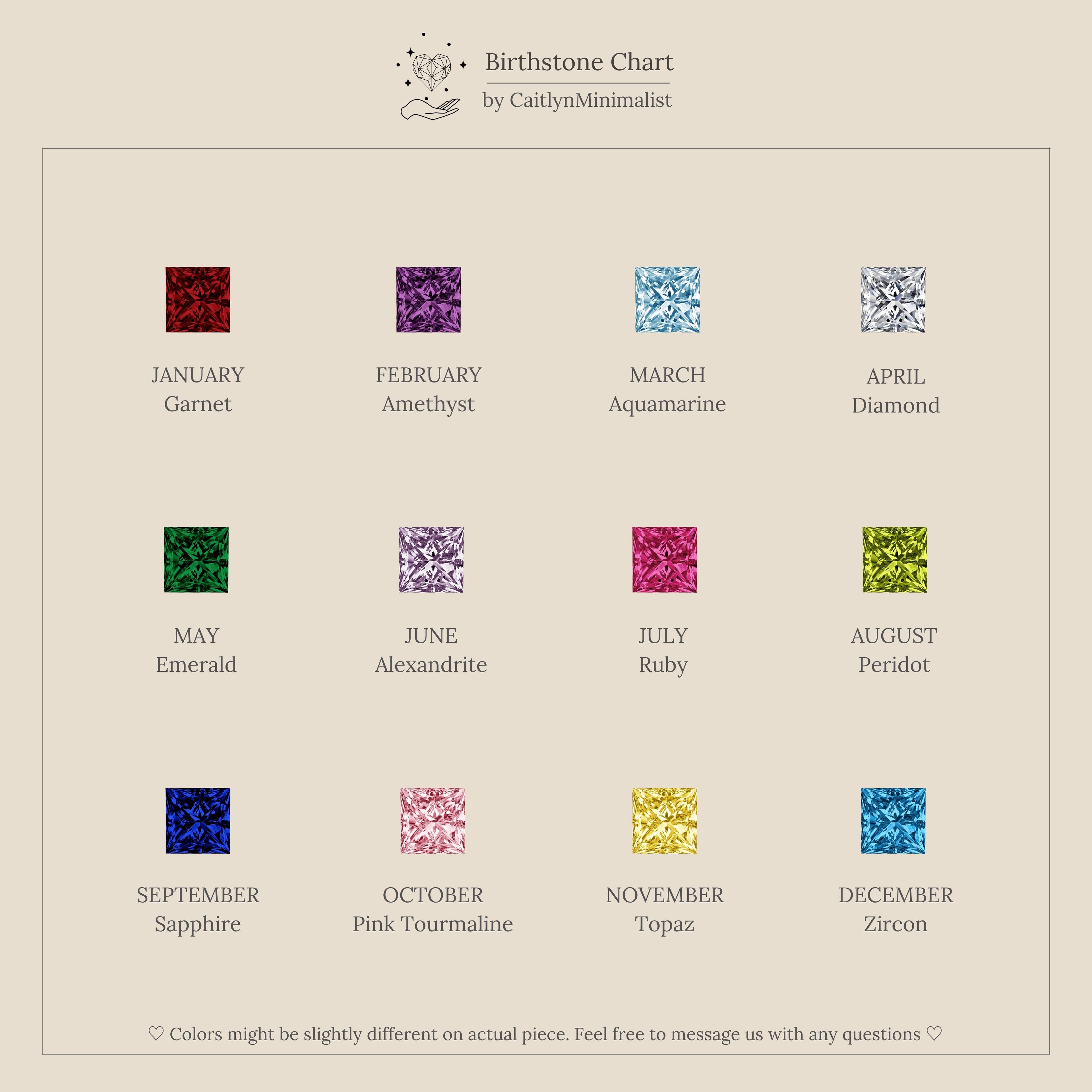 A birthstone chart shows gems for each month, from January's garnet to December's zircon, each shining like a princess-cut stone—ideal for the Infinity Princess Topaz Charm.