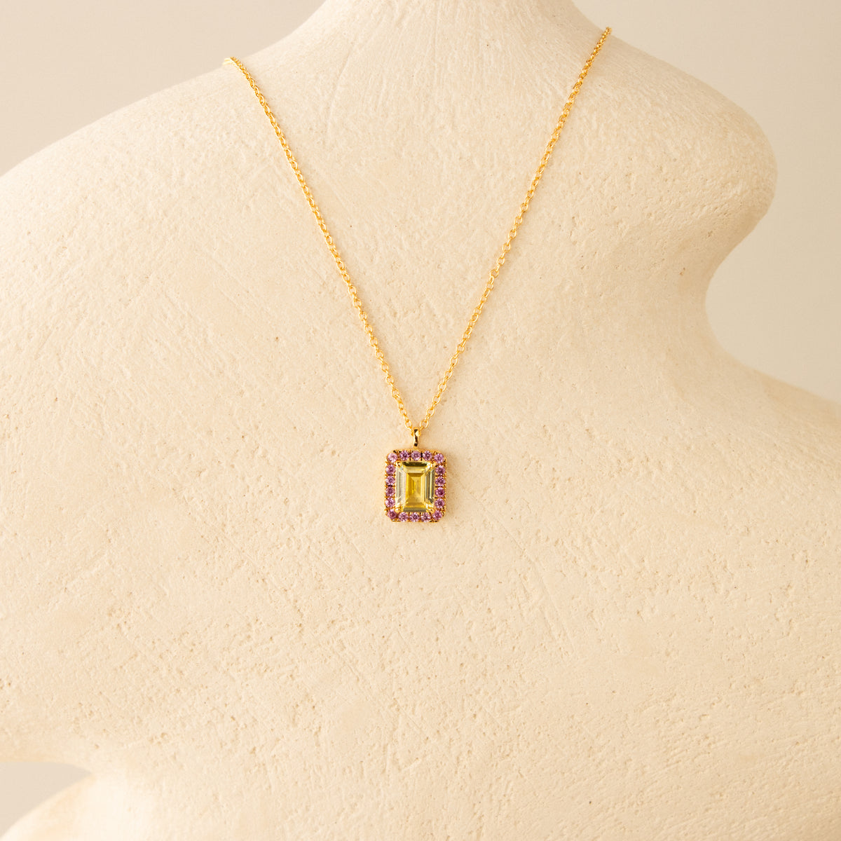 Large Emerald-Cut Peridot & Pink Tourmaline Halo Necklace