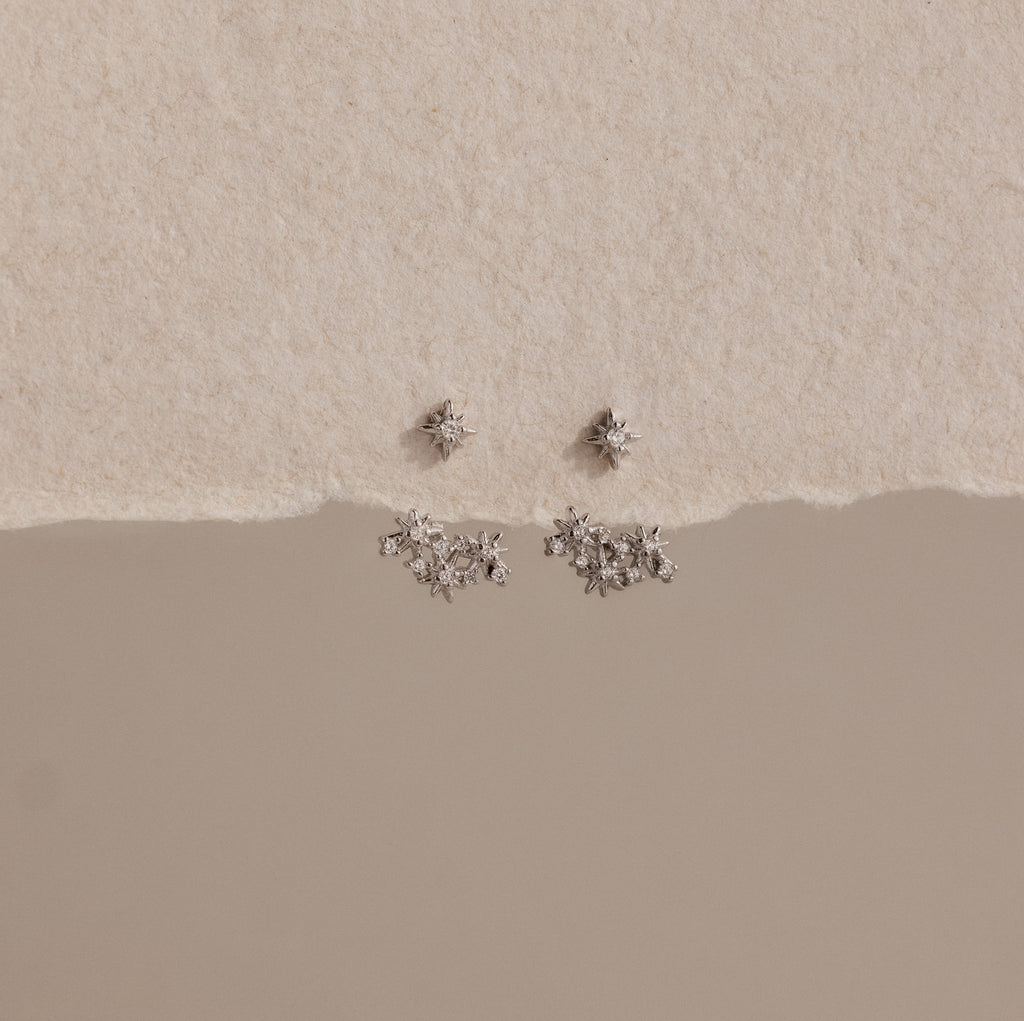 Starburst Cluster Ear Jackets in Sterling Silver, inspired by celestial jewelry, displayed on a textured cream and beige background.