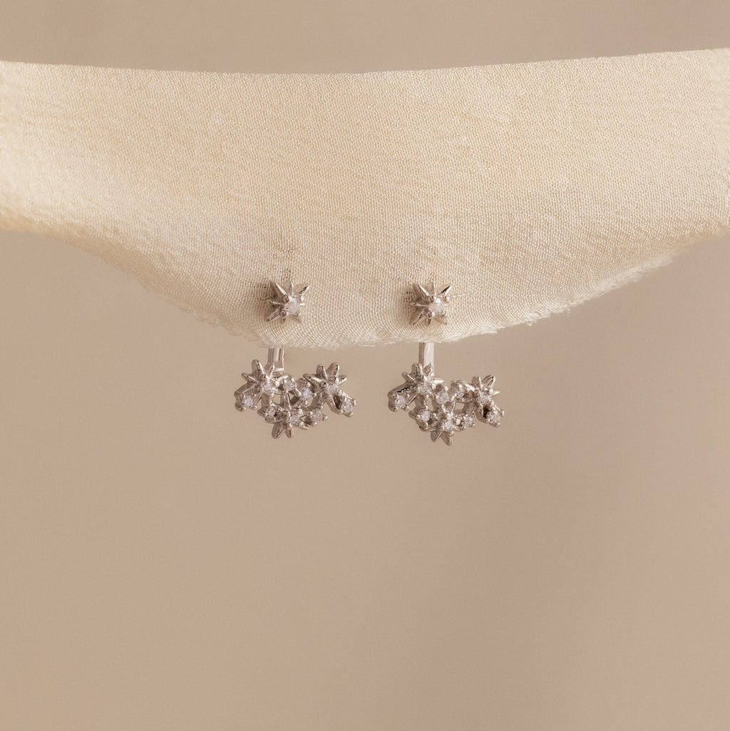Starburst Cluster Ear Jackets in Sterling Silver, inspired by constellation earrings, displayed on a soft beige fabric background.