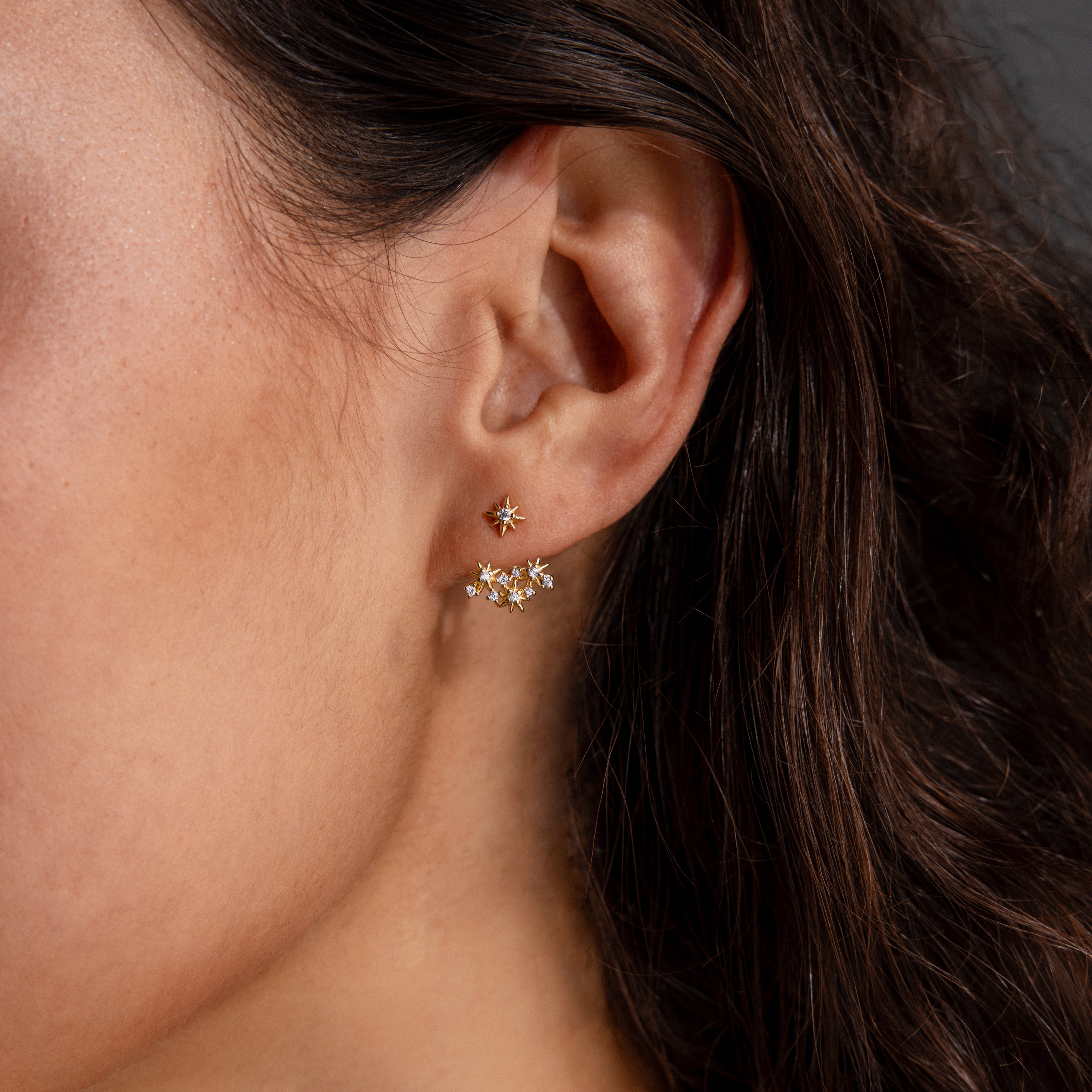 Close-up of a woman's ear adorned with Starburst Cluster Ear Jackets, featuring multiple star-shaped accents and a small star stud.