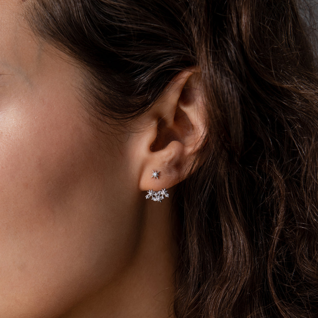 Close-up of a woman's ear wearing Starburst Cluster Ear Jackets in Sterling Silver—one star-shaped stud and a clustered design, ideal for celestial jewelry lovers.
