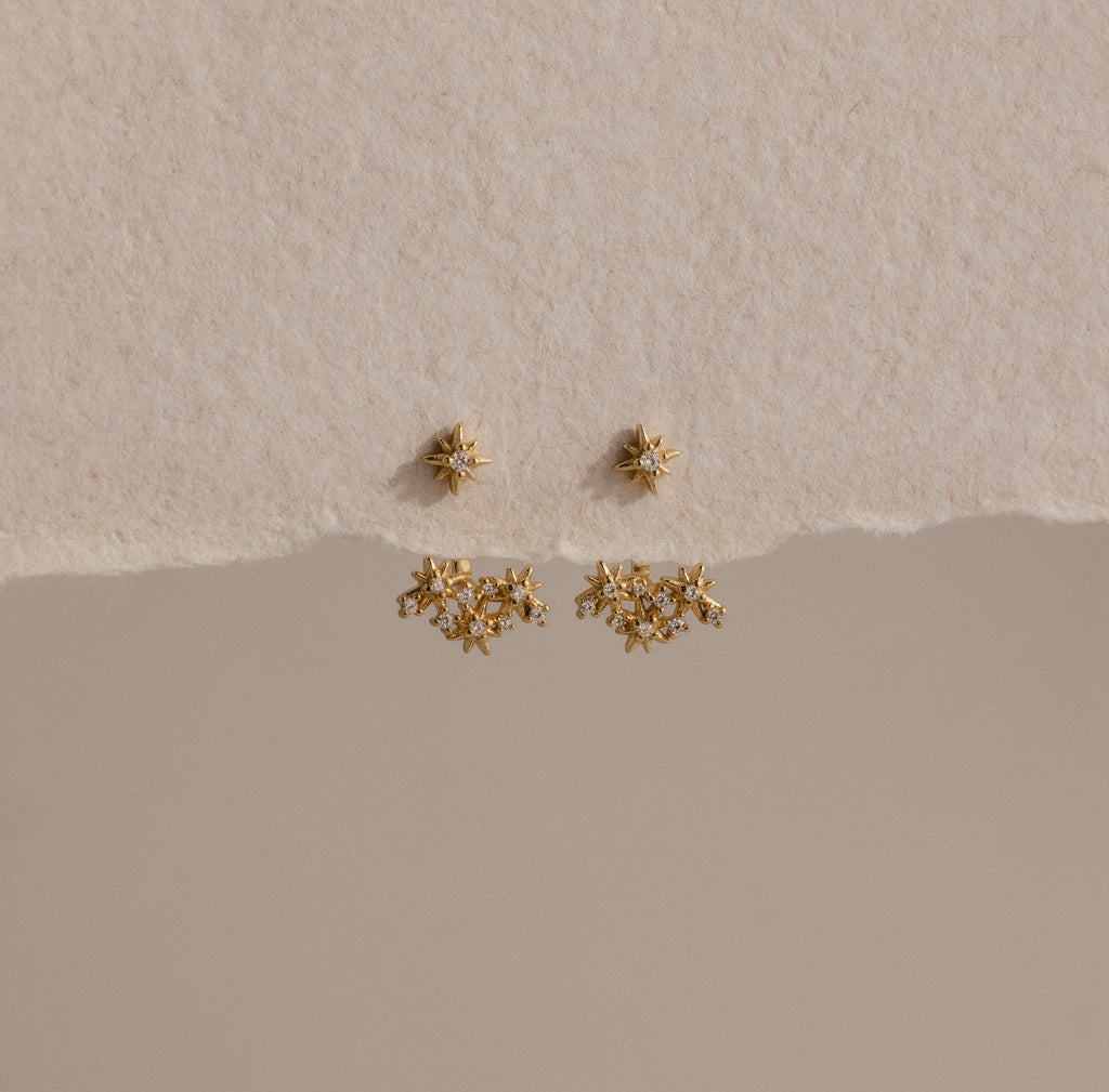 The Starburst Cluster Ear Jackets are displayed on a textured beige background, making them a perfect choice for fans of celestial jewelry.