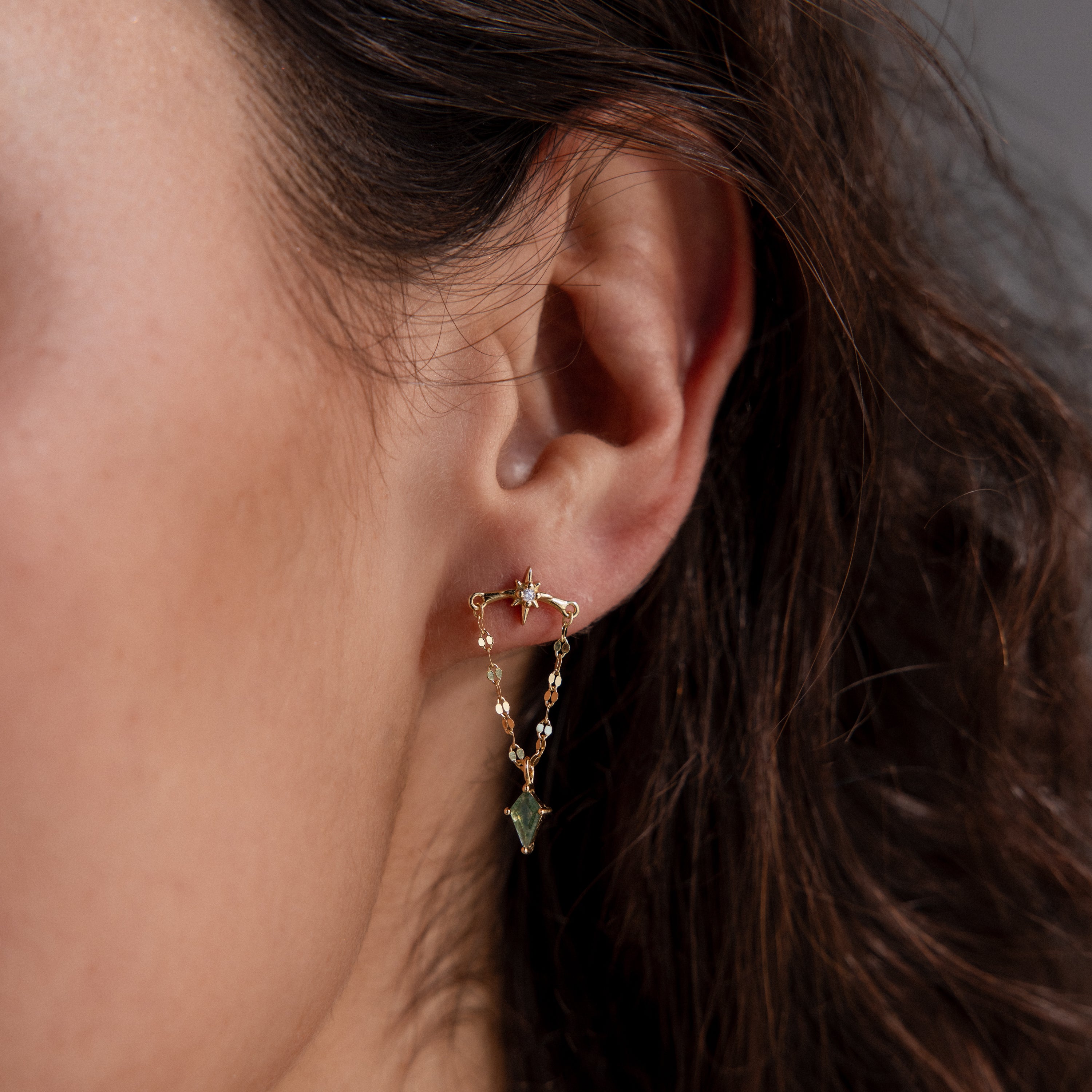 A close-up of an ear wearing the Agate Star Chain Earrings—gold chain earrings adorned with a star and a green agate gemstone charm.