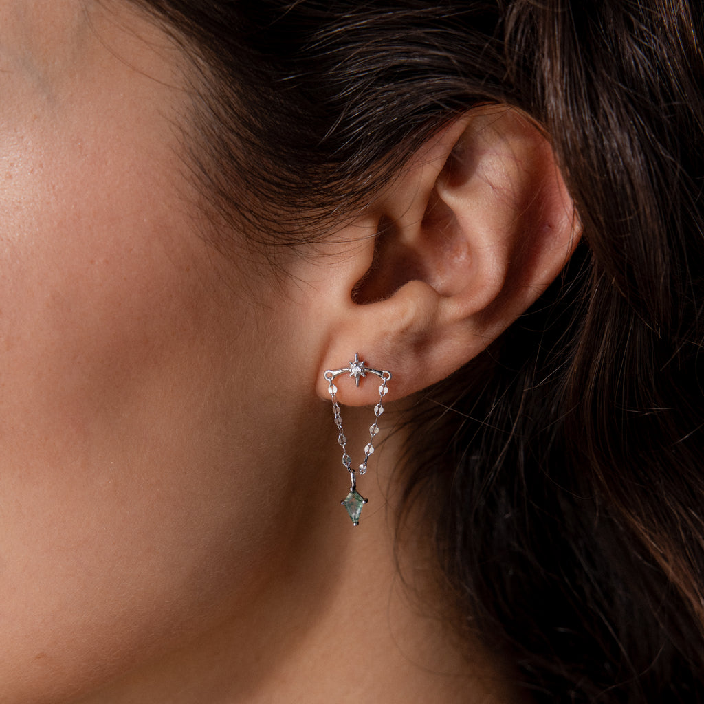 Close-up of a woman's ear wearing Agate Star Chain Earrings in Sterling Silver, featuring a dangling silver chain and a shimmering green agate gemstone for a celestial look.