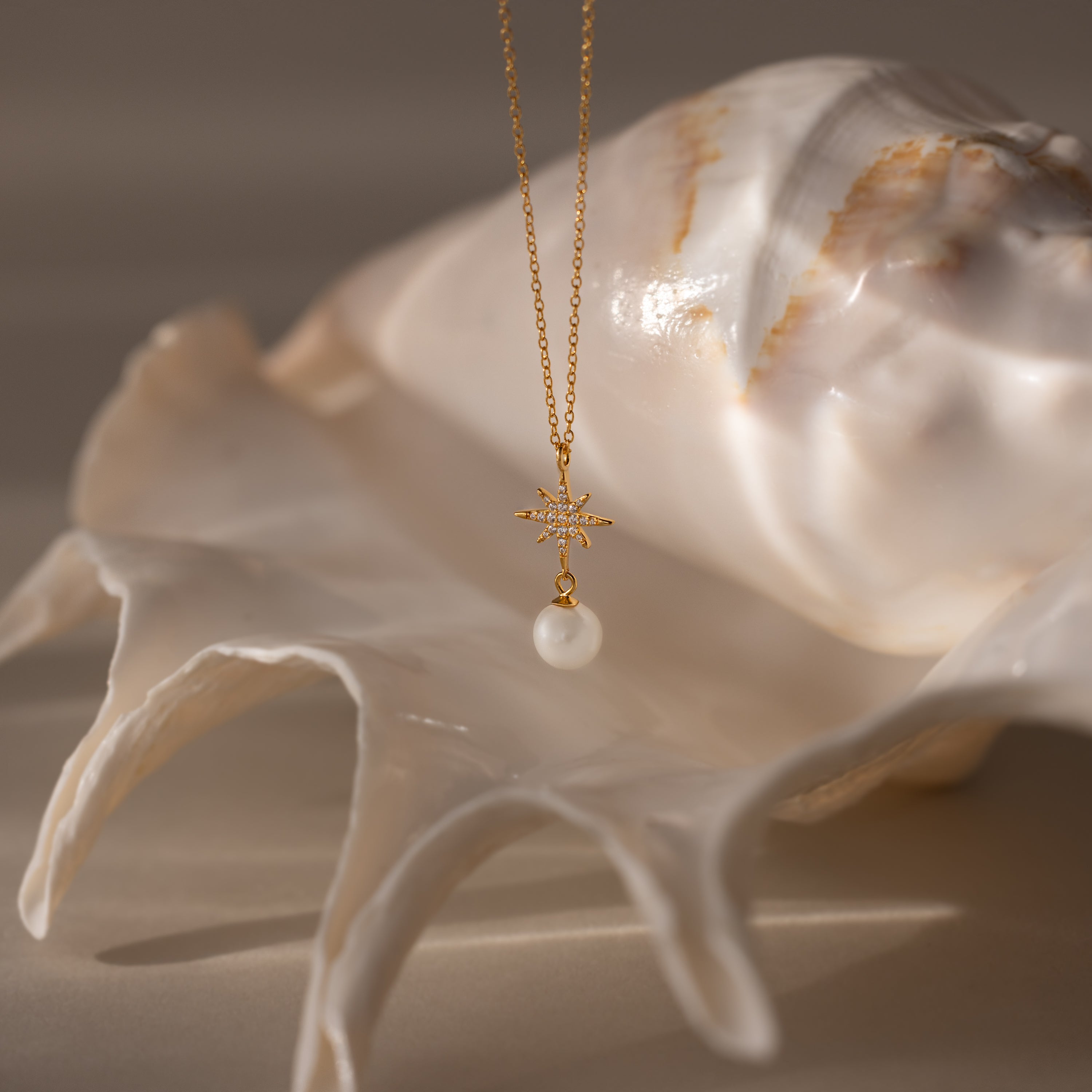 The North Star Pearl Necklace in 18K Gold features a delicate star and pearl pendant, beautifully displayed on a white seashell under soft lighting.