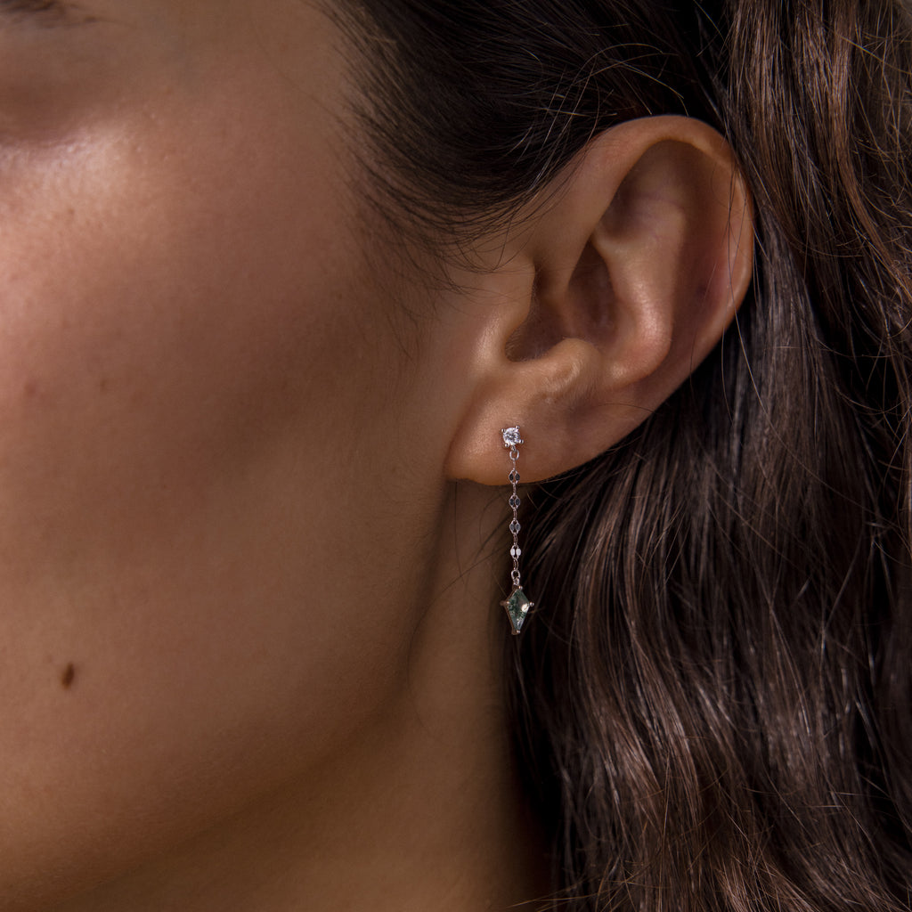 Close-up of a woman's ear adorned with Agate Diamond Dangle Earrings in Sterling Silver, showcasing faceted agate stones and a delicate mirror chain.