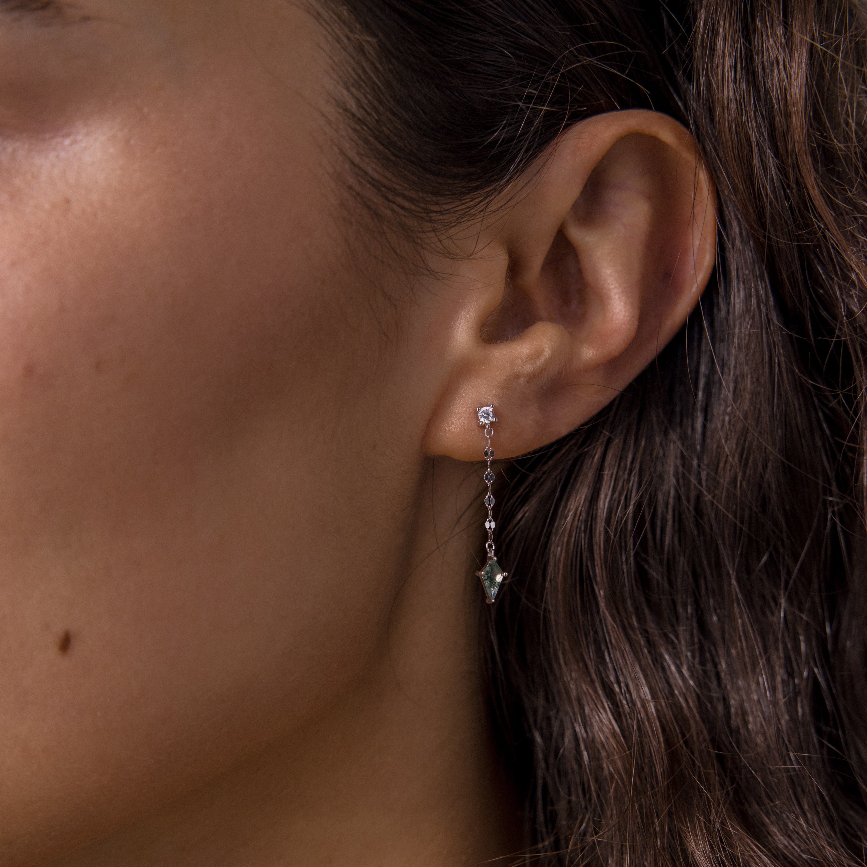 Close-up of a woman's ear adorned with Agate Diamond Dangle Earrings in Sterling Silver, showcasing faceted agate stones and a delicate mirror chain.