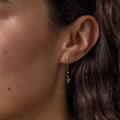 Close-up of a woman's ear adorned with Agate Diamond Dangle Earrings in Sterling Silver, showcasing faceted agate stones and a delicate mirror chain.