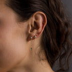 A close-up of an ear adorned with Agate Diamond Dangle Earrings in 18K Gold and mirror chain earrings in various shapes and sizes.