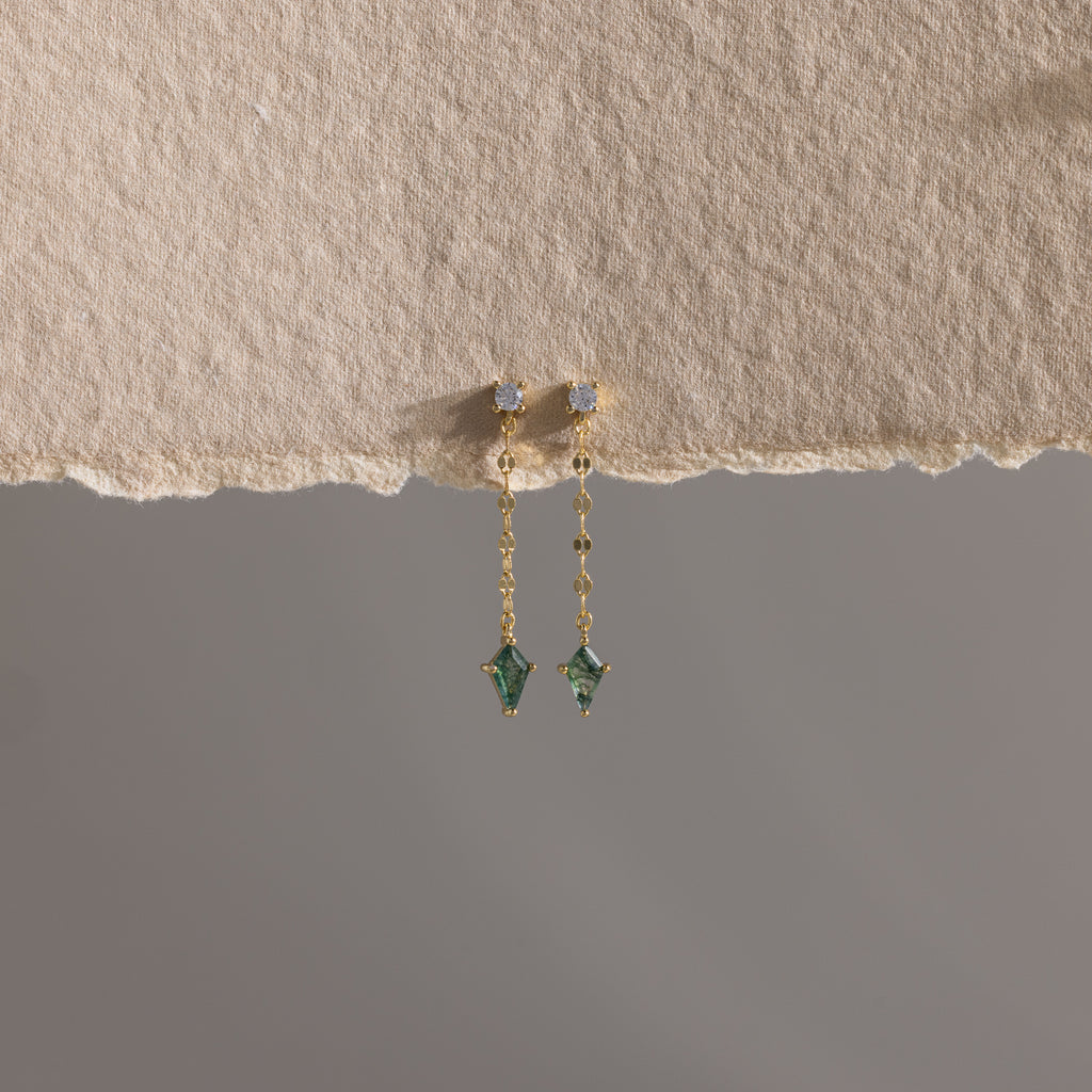 Agate Diamond Dangle Earrings in 18K Gold with green faceted agate pendants and small white stones, displayed on textured beige paper.