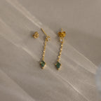 Agate Diamond Dangle Earrings in 18K Gold, featuring green faceted agate stones and separate earring backings, are displayed on a light, textured surface.