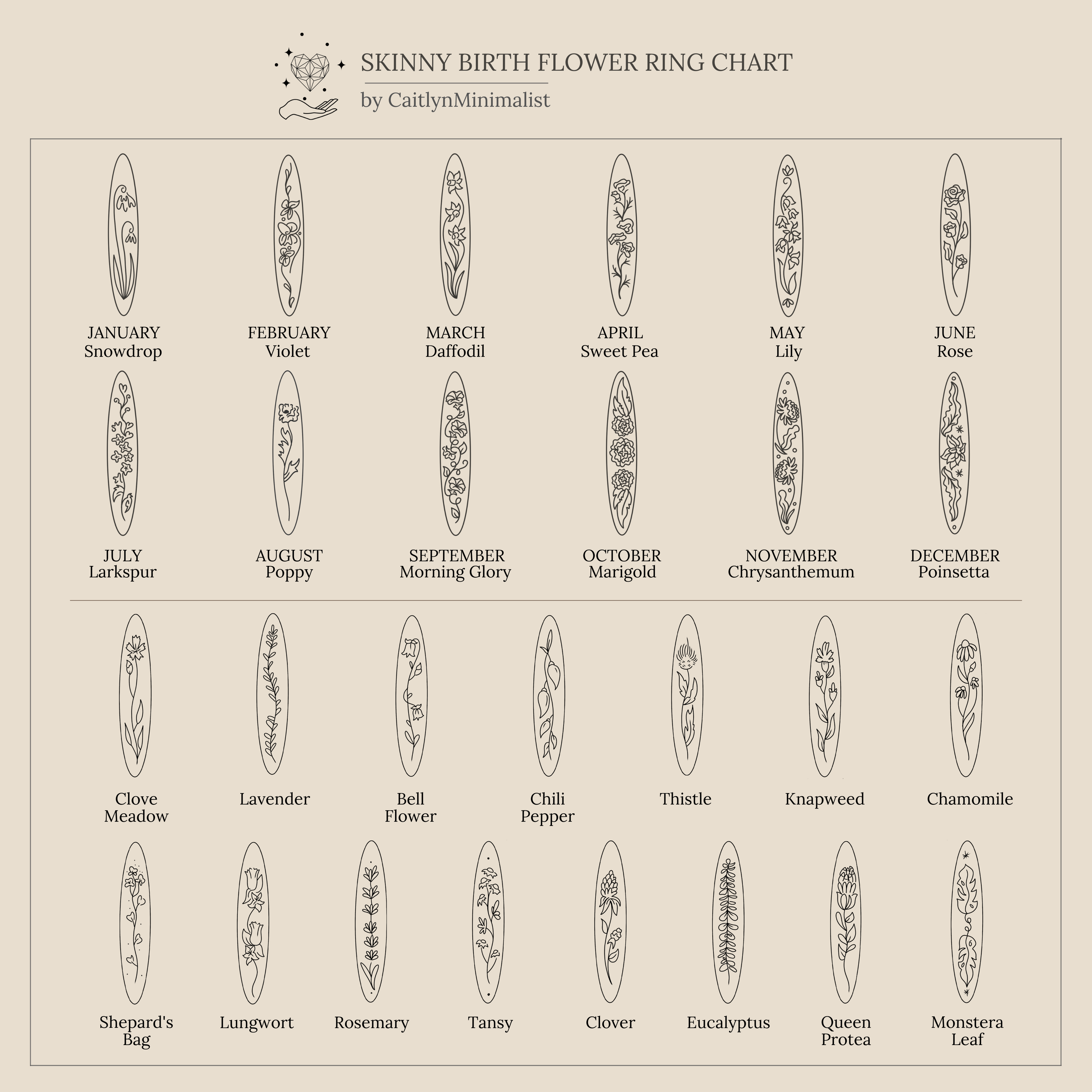 A chart of Skinny Flower Ring in Rose Gold designs, showcasing a unique botanical ring illustration and plant name for each month.