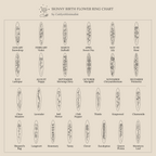 A chart of skinny Flower Bar Ring in Rose Gold designs, each engraved with a birth flower for every month, plus other botanical jewelry styles.