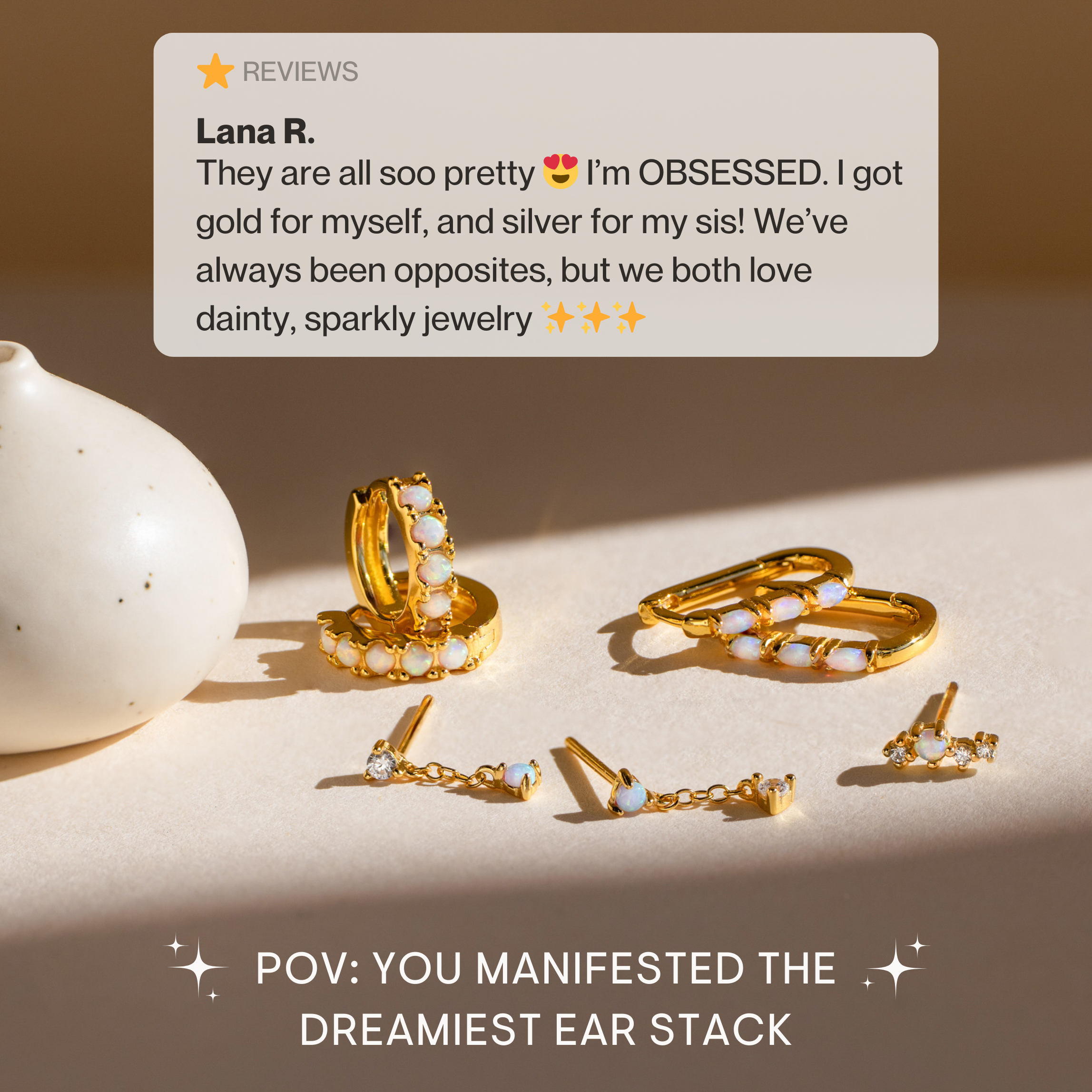 Dainty Opal Earrings displayed on a beige surface, paired with a glowing review and text about ear stacking above.