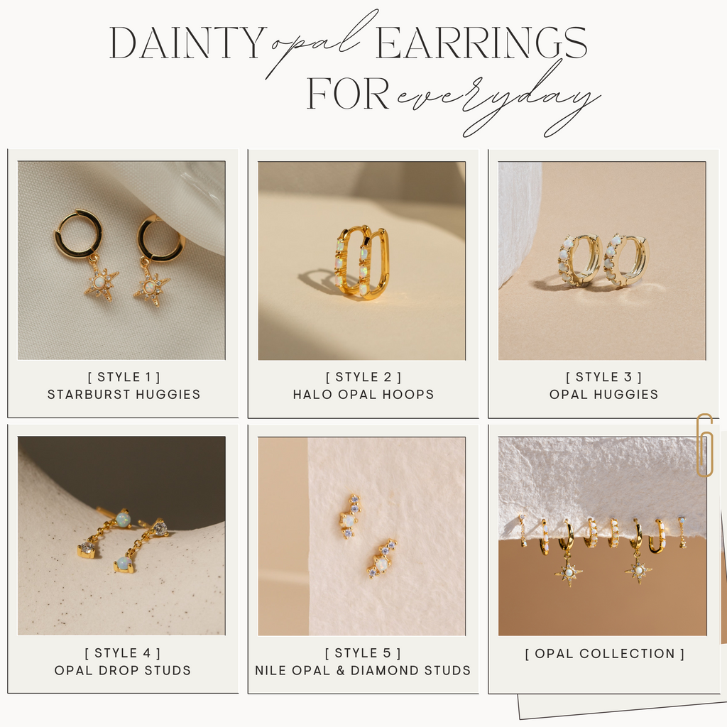 A collage of six Dainty Opal Earrings styles—including hoops, huggies, and drop studs—features genuine opals next to diamond studs on neutral backgrounds.