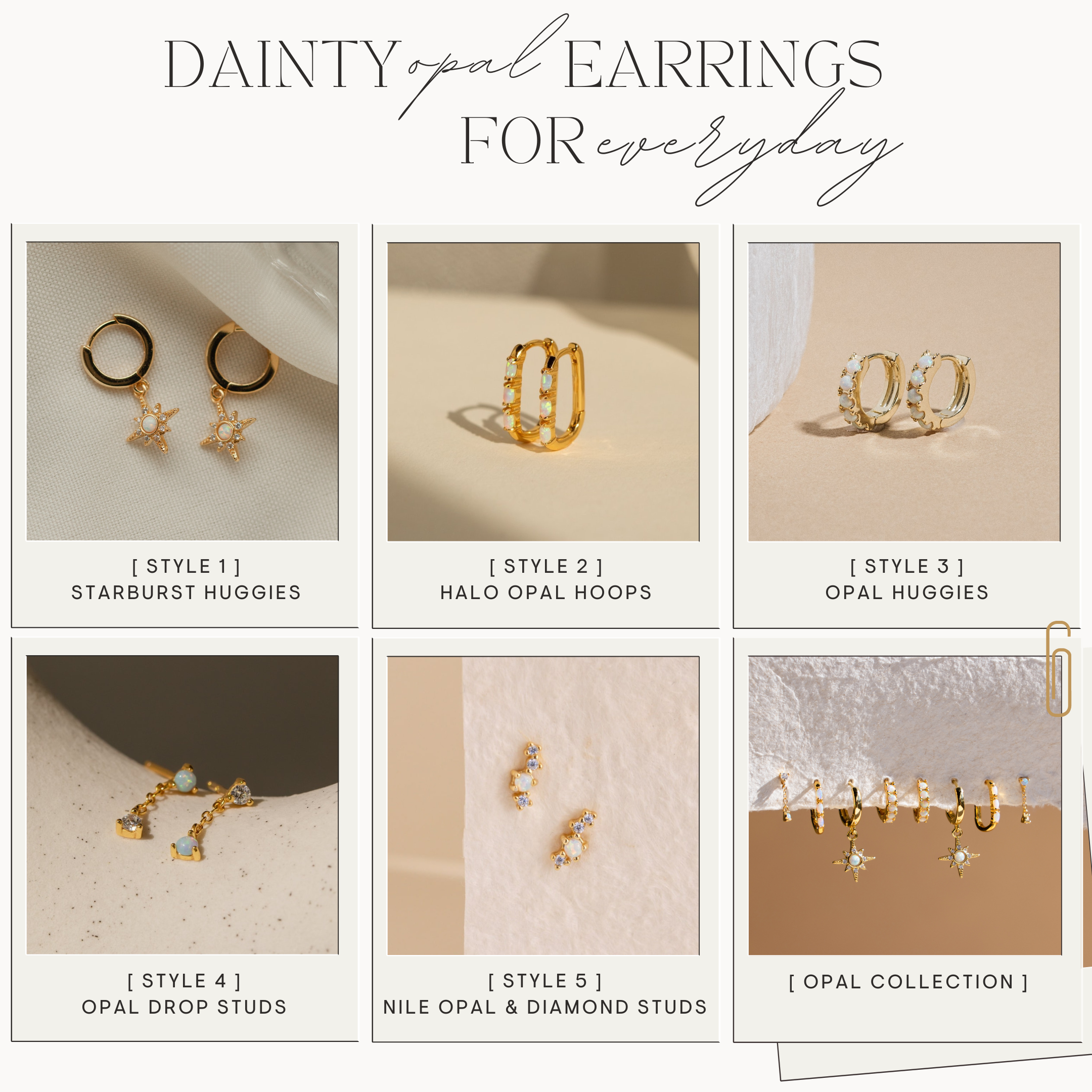 A collage of six Dainty Opal Earrings styles—including hoops, huggies, and drop studs—features genuine opals next to diamond studs on neutral backgrounds.