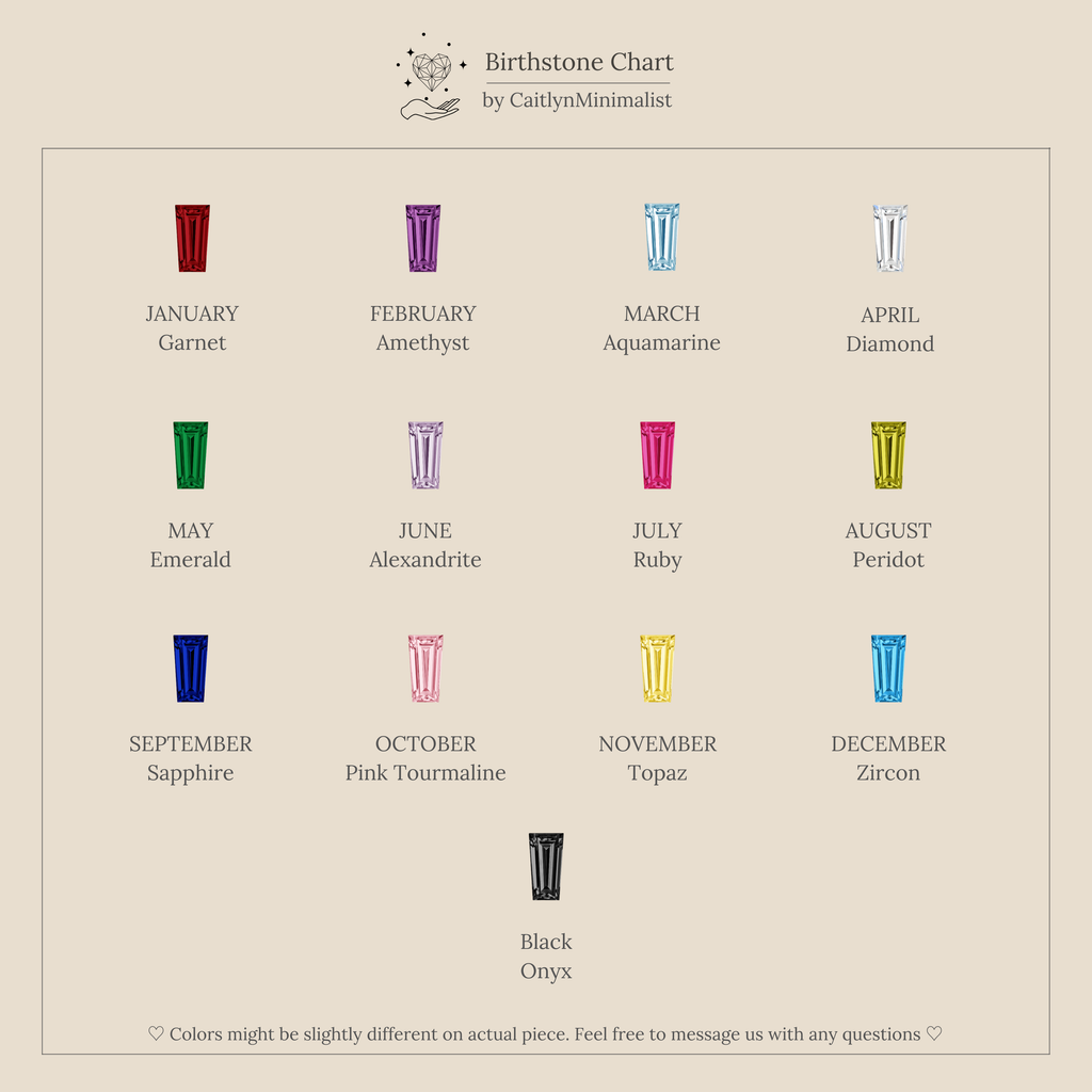 A minimalist chart shows birthstone colors for each month plus black onyx, arranged in a grid—ideal for selecting your month’s hue when choosing Tapered Baguette Birthstone Studs.