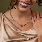 Model wearing our Smoky Pearl Clasp Necklace