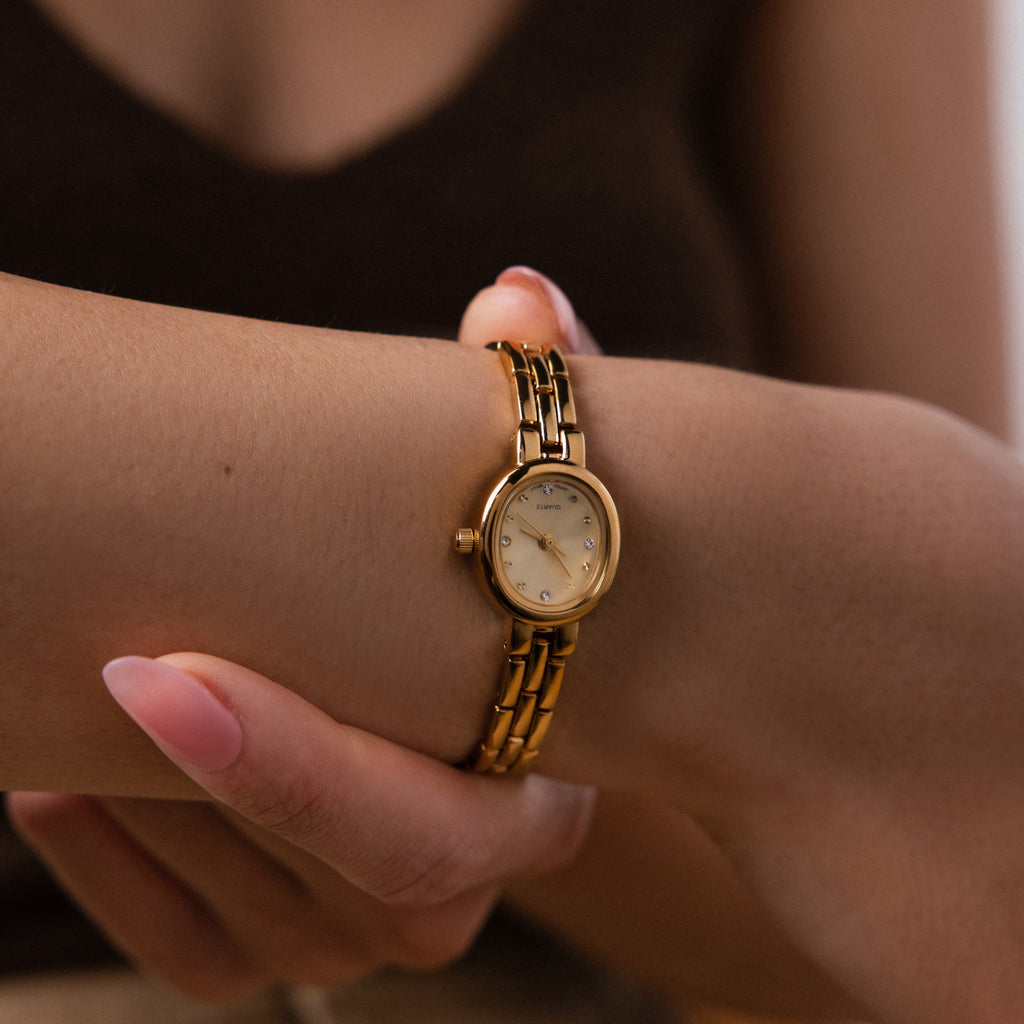 Close up of our Cobblestone Timepiece watch on a wrist