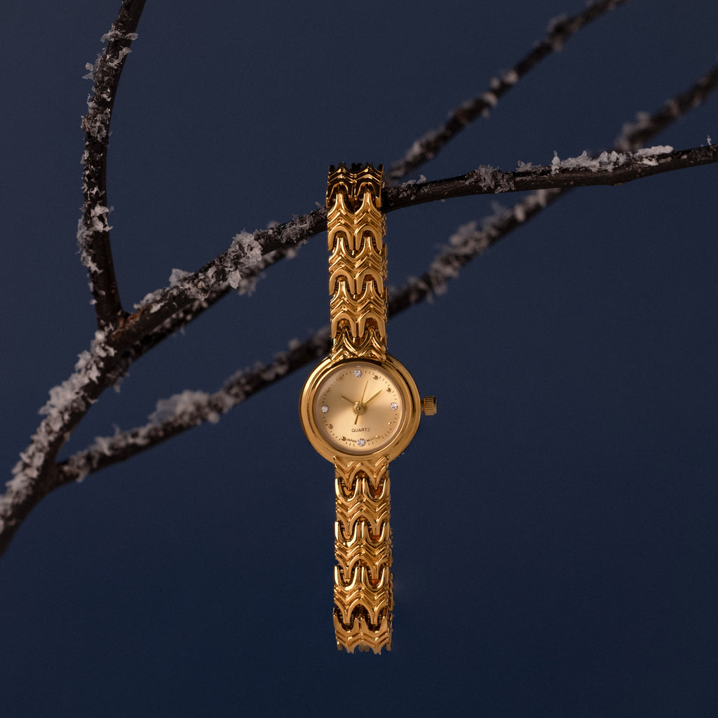 Flatlay image of our Wavy Link Timepiece watch on a branch against a blue background