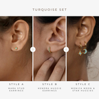 Three images show a woman's ear with the Boho Turquoise Earring Set—a stud, a huggie hoop, and moon & star hoops—stylish bohemian earrings for any turquoise jewelry lover.