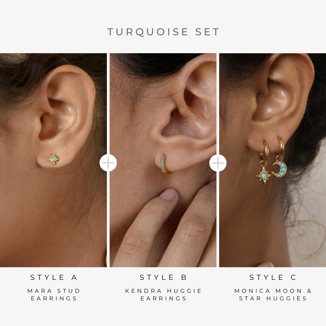 Three images show a woman's ear with the Boho Turquoise Earring Set—a stud, a huggie hoop, and moon & star hoops—stylish bohemian earrings for any turquoise jewelry lover.
