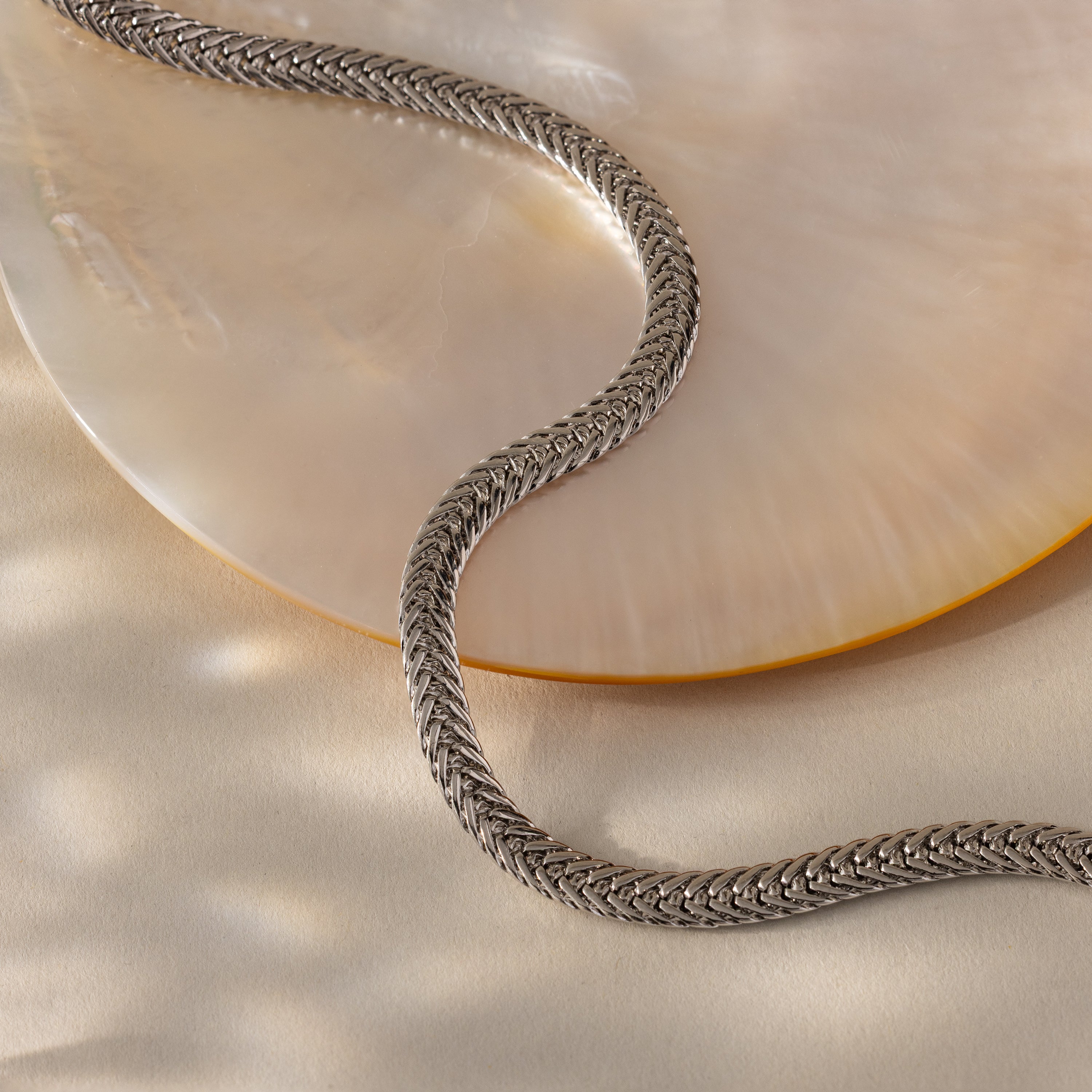 A single silver Foxtail Chain Necklace curves gracefully on a flat cream-colored surface beside a polished shell dish