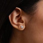 Close-up of a person’s ear wearing Rounded Pearl Flower Studs in Sterling Silver, an elegant choice for bridesmaid jewelry.