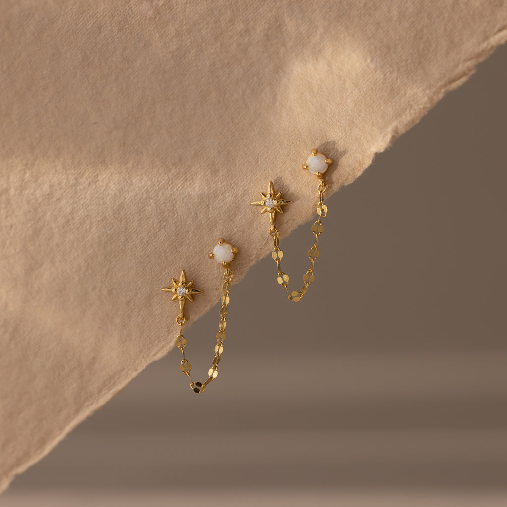 Opal & Star Duo Chain Studs in 18K Gold
