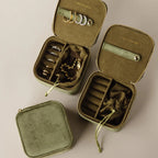 The Green Velvet Jewelry Box, available in sets with one closed and two open boxes, provides stylish storage for rings, bracelets, and earrings—ideal as a travel jewelry box to keep your valuables organized anywhere.