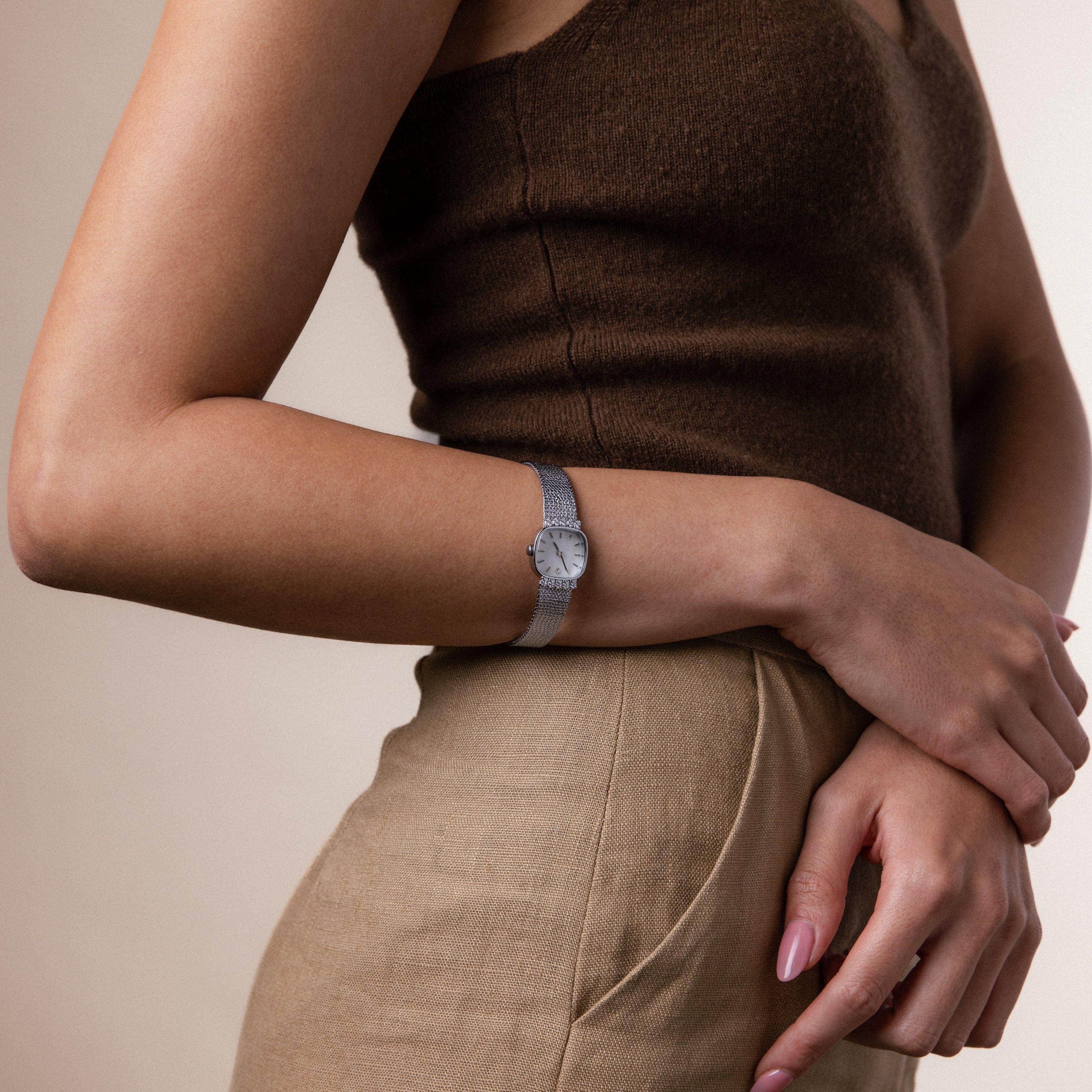 Model wearing our Luxe Square Timepiece watch in Sterling Silver