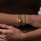 Model wearing our our Duo Chain Diamond Timepiece watch with our S-Link Tennis Bracelet