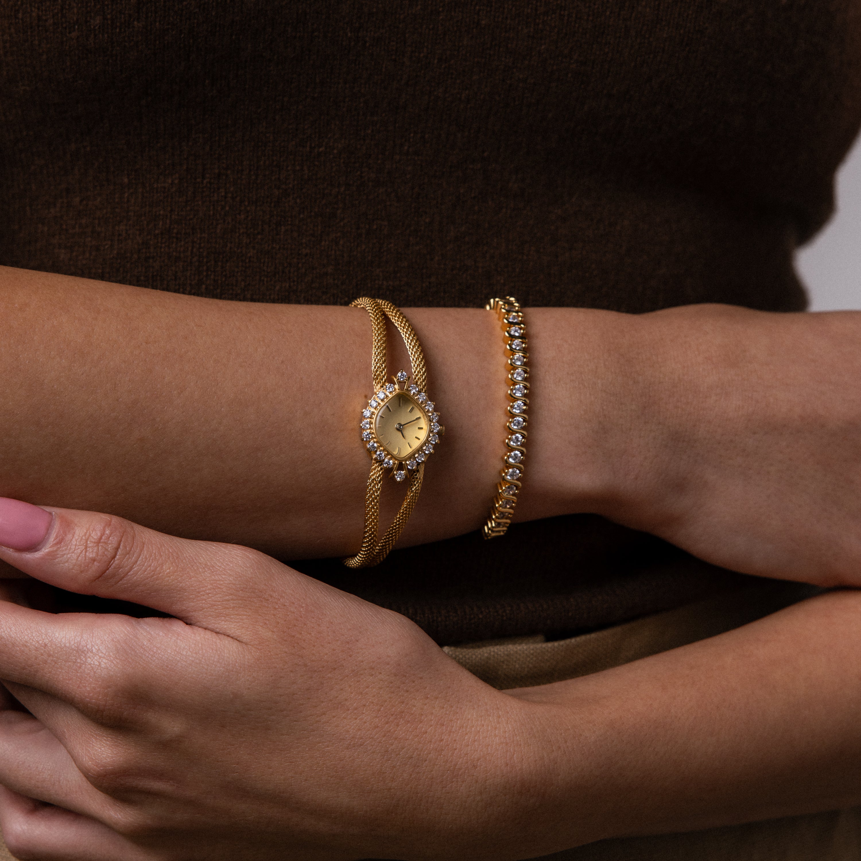 Model wearing our our Duo Chain Diamond Timepiece watch with our S-Link Tennis Bracelet