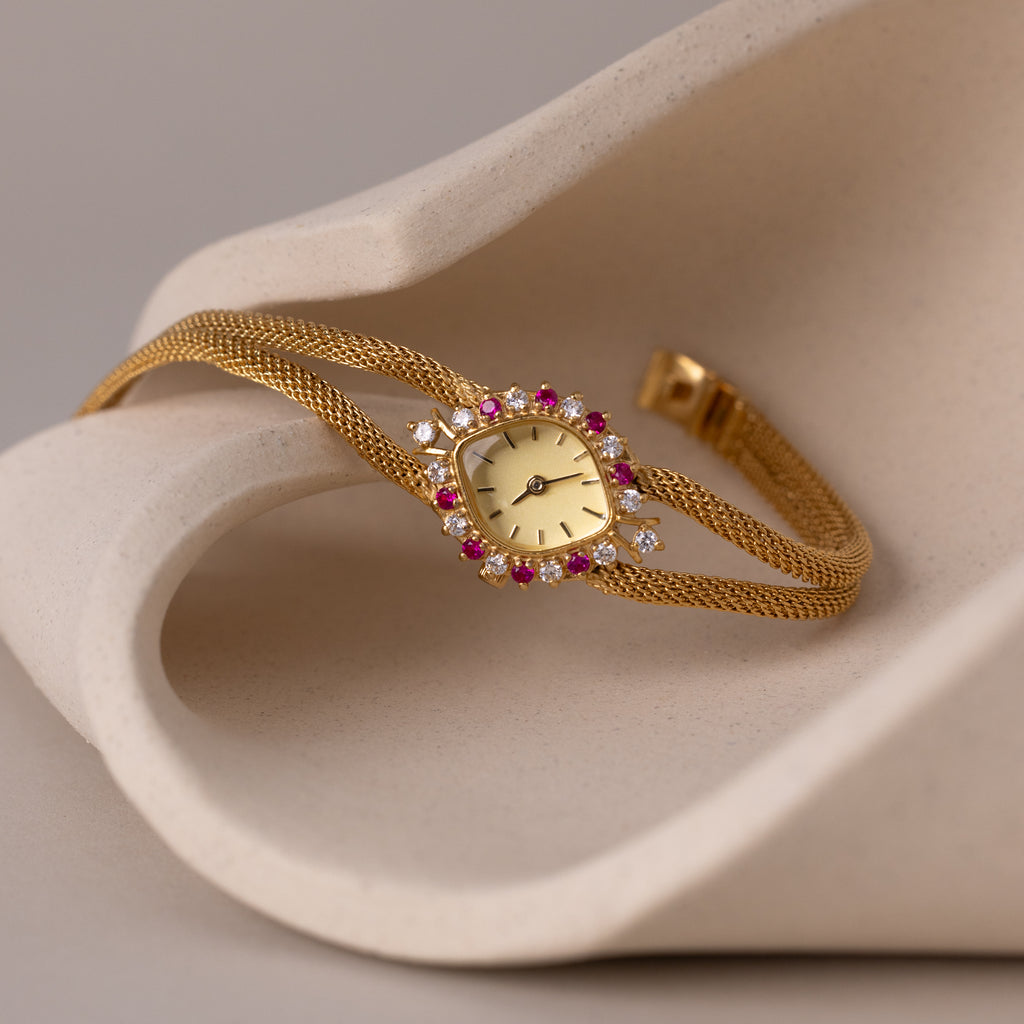 Close up of our Duo Chain Ruby Timepiece watch