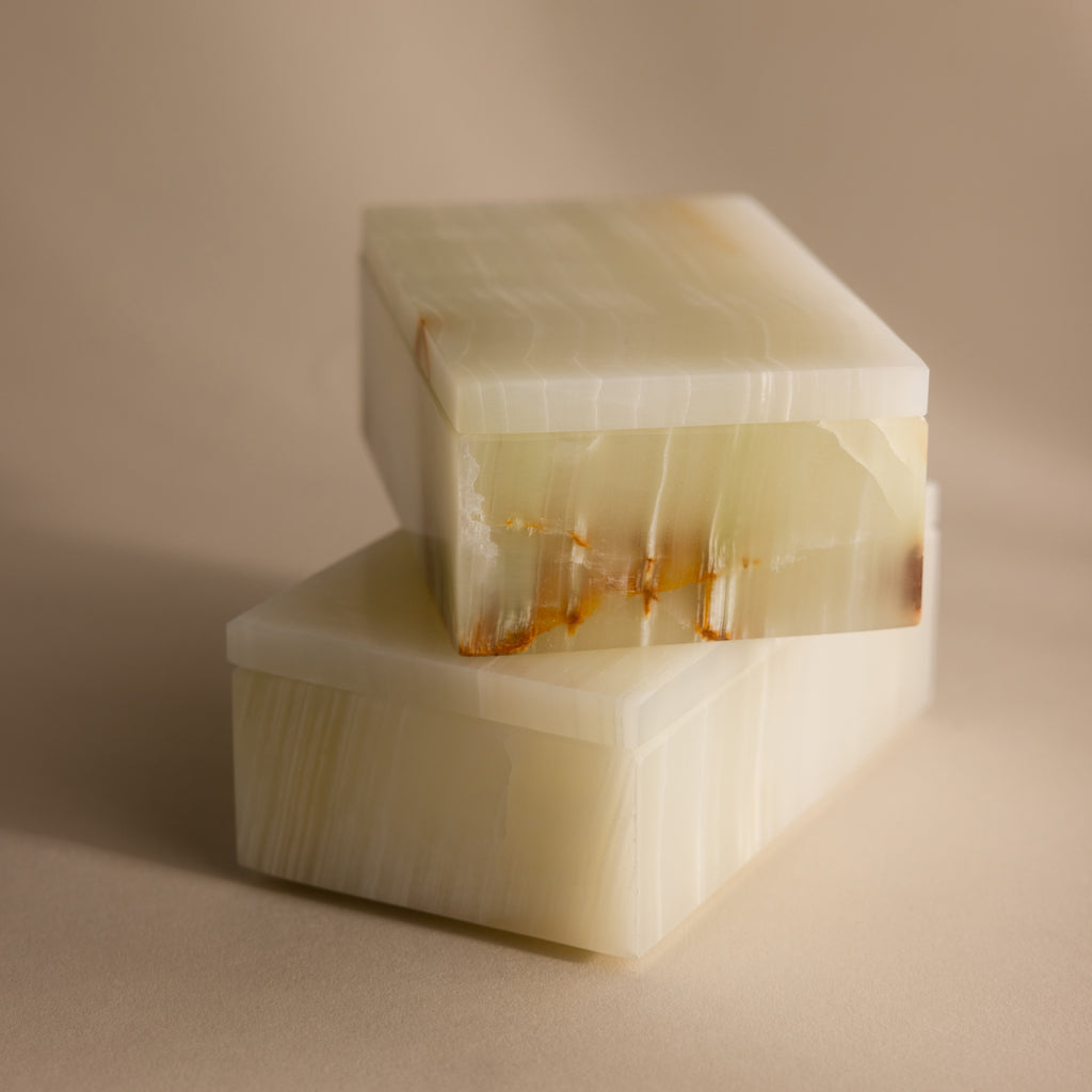 Two Green Onyx Jewelry Boxes, both rectangular, stacked on a neutral beige background.