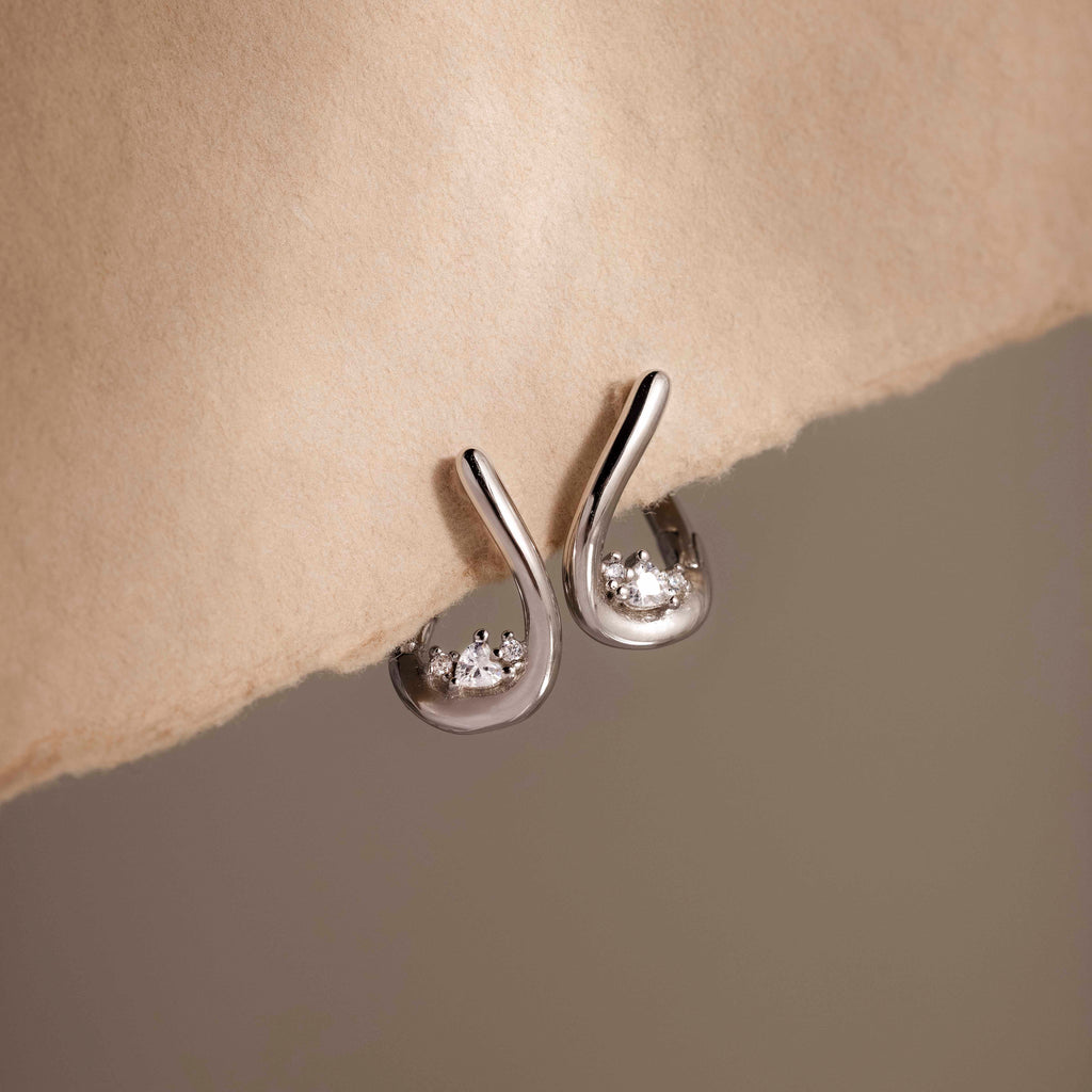 Curved Diamond Teardrop Hoops in Silver