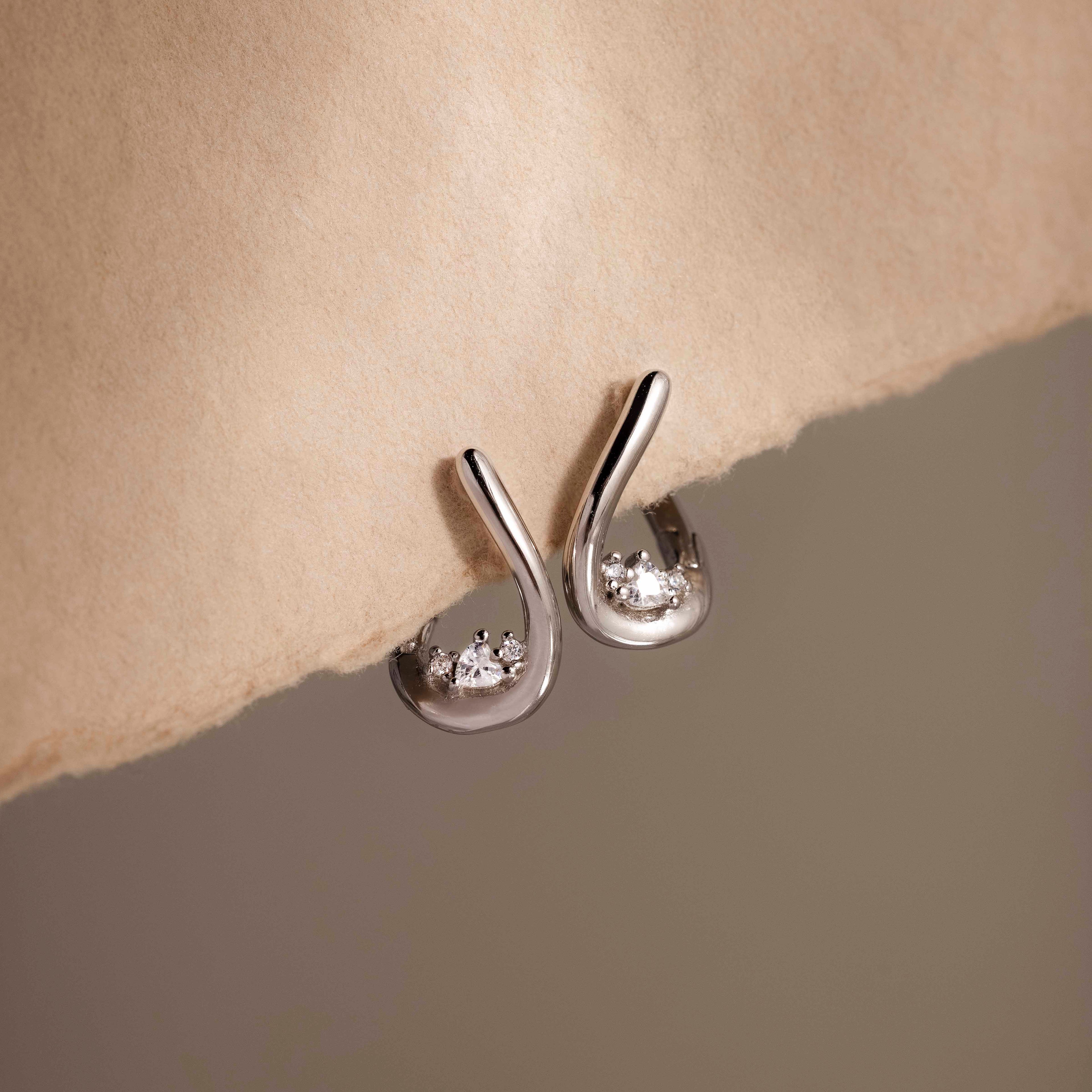 Curved Diamond Teardrop Hoops in Silver