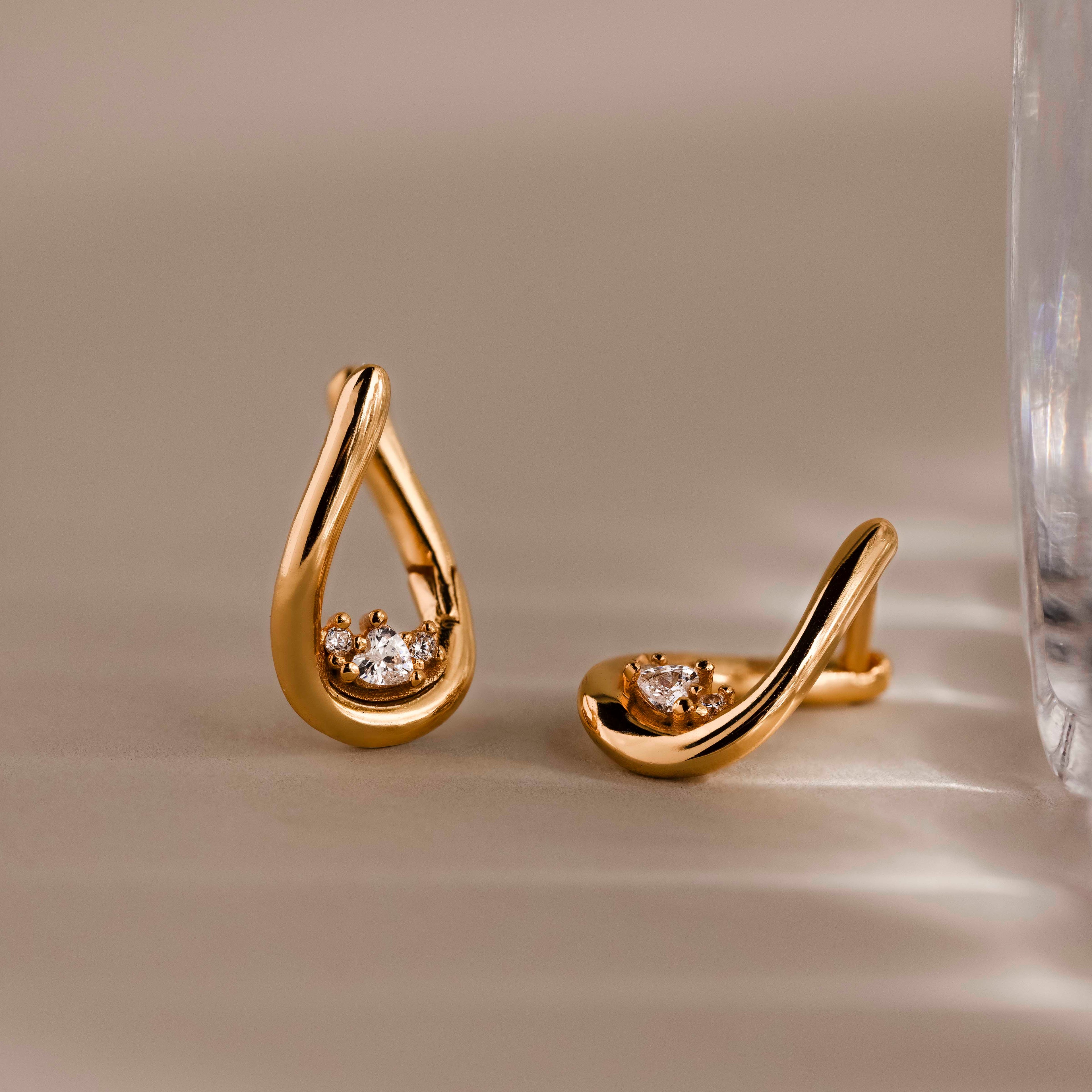 Curved Diamond Teardrop Hoops in 18K Gold