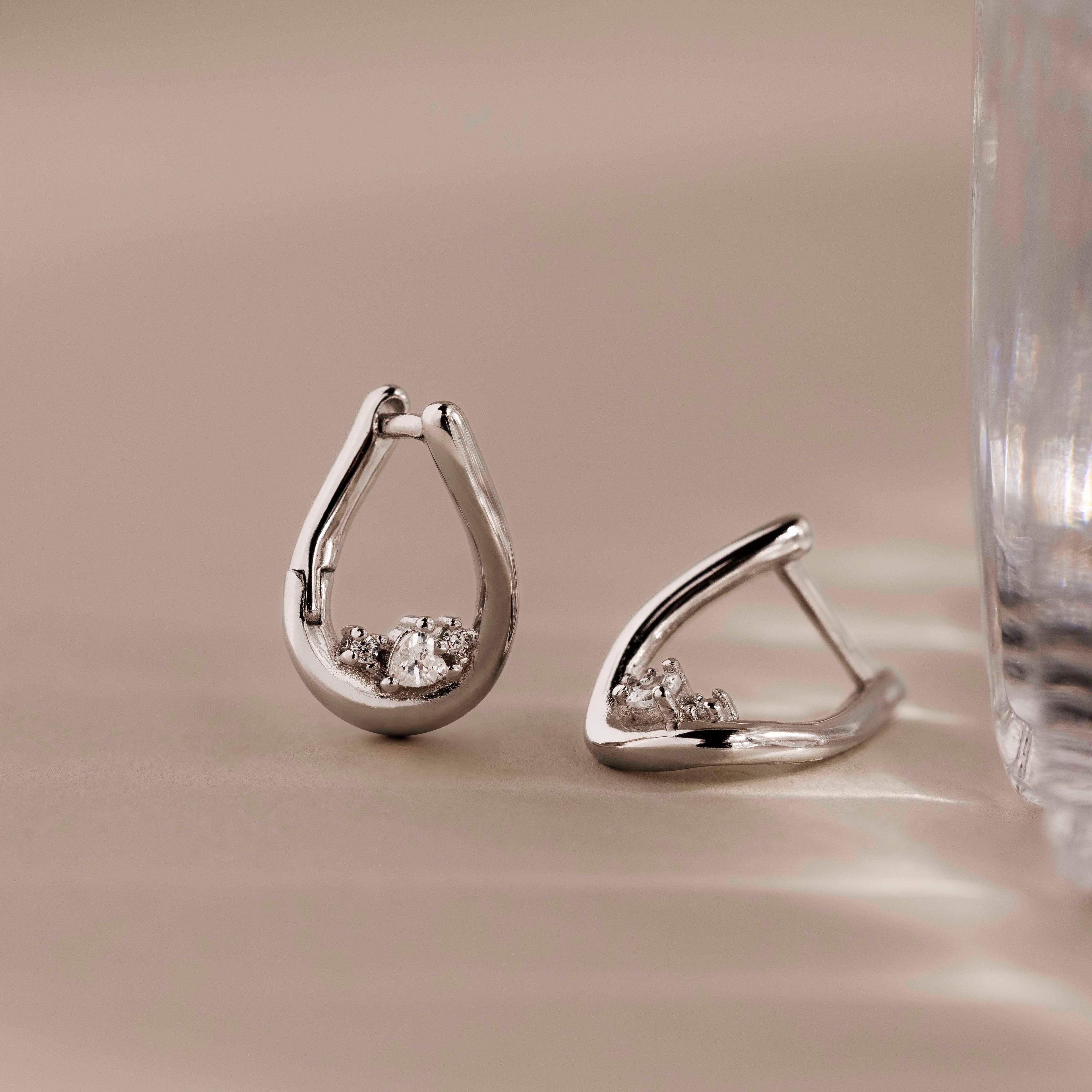 Curved Diamond Teardrop Hoops in Silver